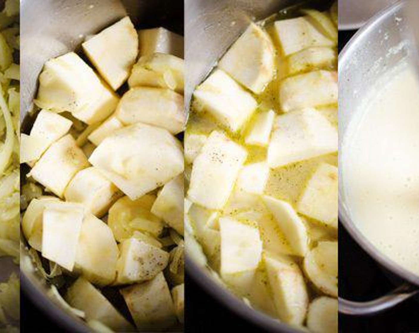 step 1 Bring Olive Oil (2 Tbsp) to medium heat in a large pot. Add White Onion (1/2 cup) and Garlic (2 cloves) then cook gently for ten minutes, until onions are soft. Add Salt (1/4 tsp), Ground Black Pepper (1/4 tsp) and Parsnips (2) to the pot. Stir to coat, then add Milk (1 cup) and Vegetable Stock (2 cups). Bring mixture to a slow simmer and simmer 25 to 30 minutes, until parsnip is fork-tender.
