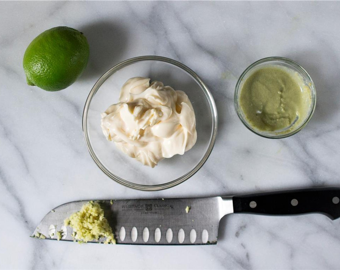 step 4 Make the wasabi mayo. In a small bowl, add the Wasabi Paste (1 1/2 Tbsp), Mayonnaise (1/2 cup), Lime (1), and Fresh Ginger (1 tsp). Stir well to combine. Cover and refrigerate until ready to use.