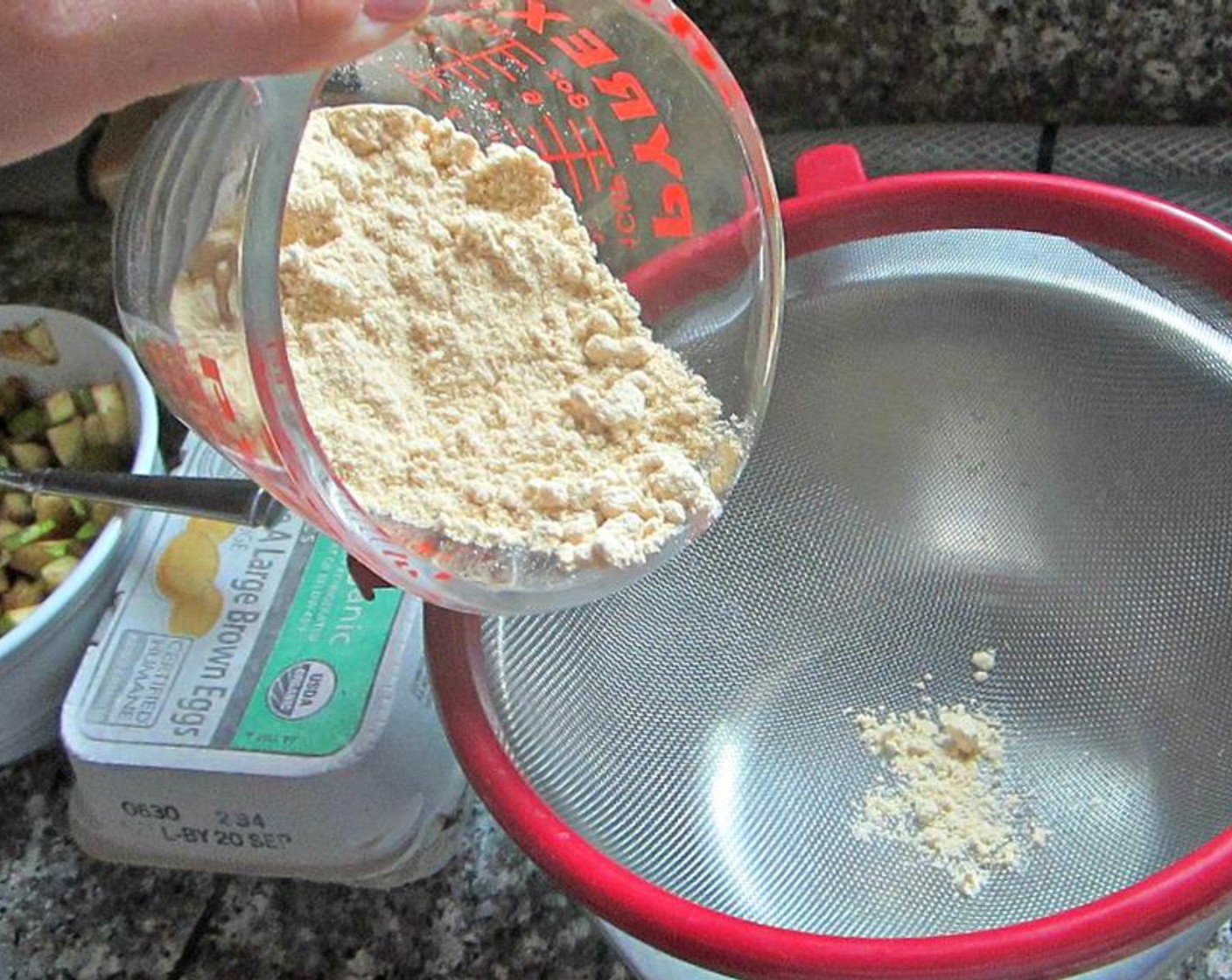 step 6 Pass your Coconut Flour (1/2 cup) through a sieve into a medium bowl. Whisk the coconut flour together with the other dry ingredients, Baking Soda (1 tsp), Brown Rice Flour (3/4 cup) through Salt (to taste), until dry ingredients are mixed well.