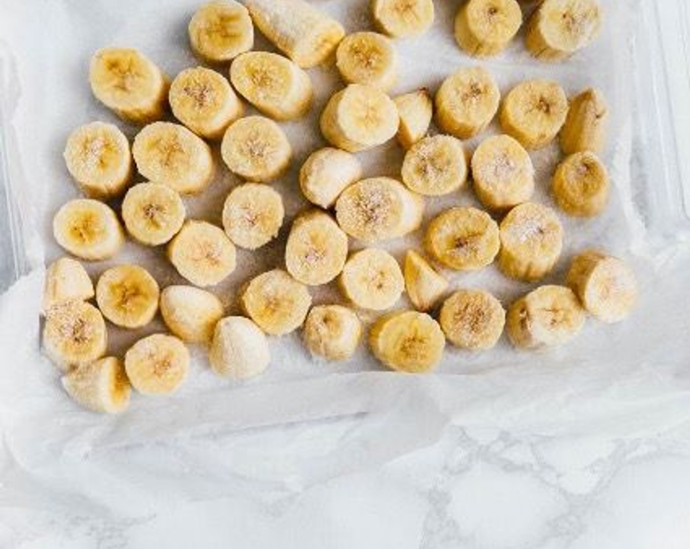 step 1 Lay Bananas (4) in a single layer on a parchment-lined plate. Freeze until solid, at least 2 hours.