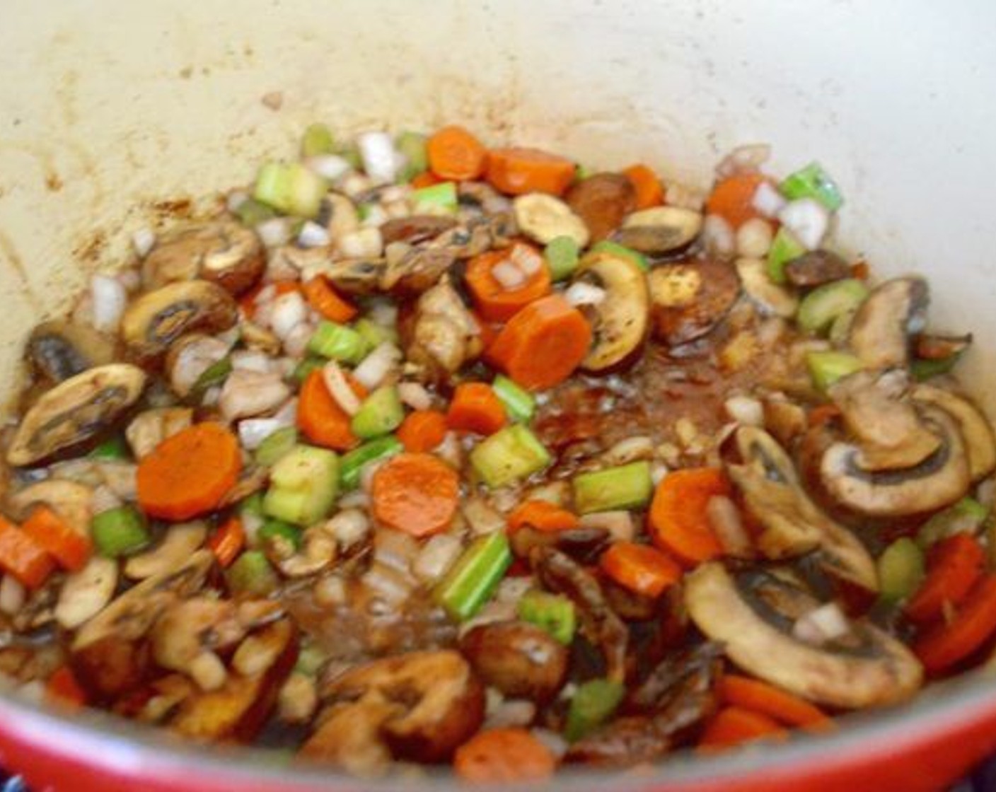 step 8 Cook Cremini Mushrooms (2 1/4 cups) for a couple of minutes, until softened, followed by the reserved vegetables from the marinade. Let them get fragrant.