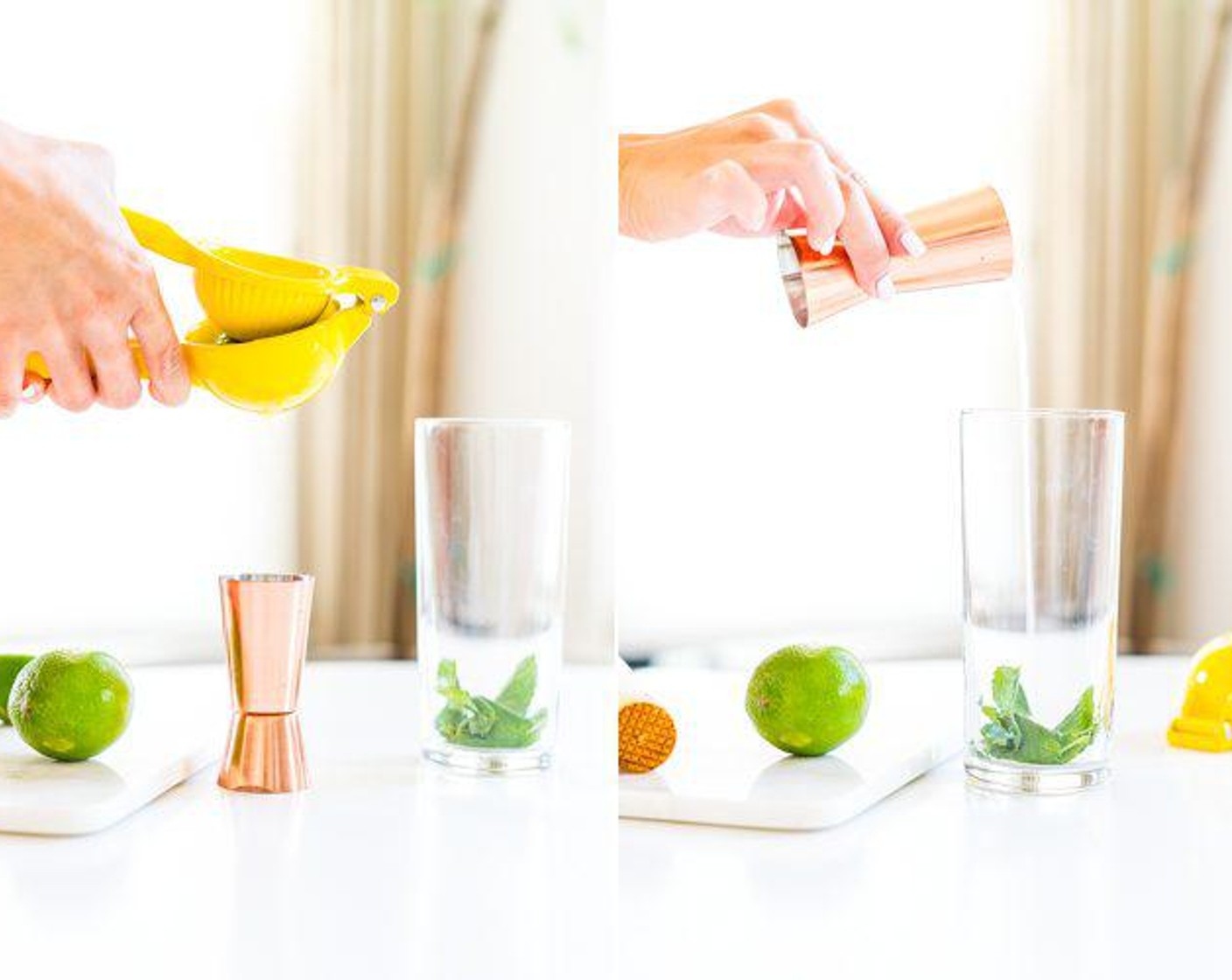 step 1 Muddle Fresh Mint Leaves (8) in juice from Lime (1) and Simple Syrup (0.5 fl oz) then fill a glass with Ice (as needed).