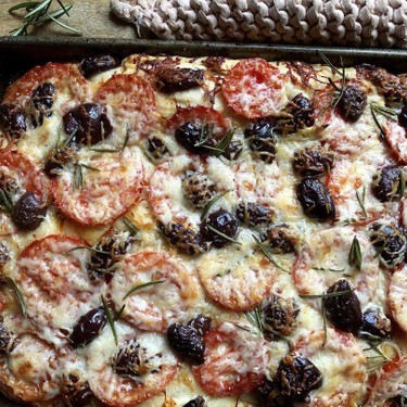 Cheesy Focaccia with Tomatoes & Olives Recipe | SideChef