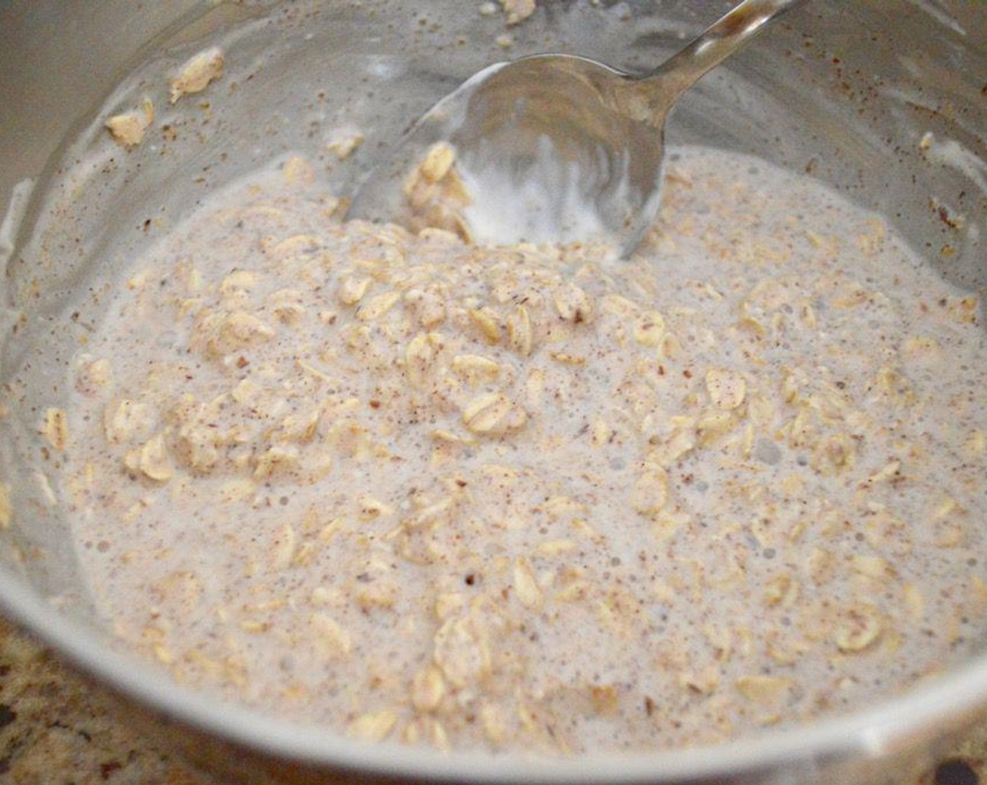 step 1 Stir the Old Fashioned Rolled Oats (1 cup), Milk (1/2 cup), Vanilla Greek Yogurt (1 carton), Ground Flaxseed (1 Tbsp), and Ground Cinnamon (1/2 tsp) together thoroughly in a big mixing bowl. Divide the mixture evenly among two mason jars.