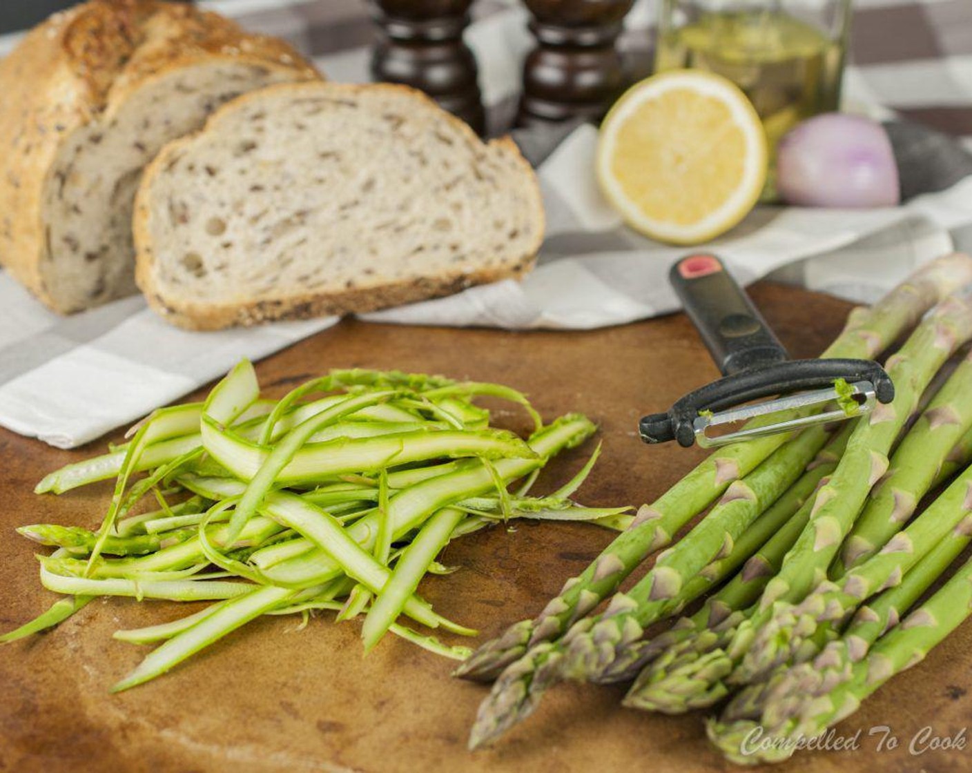 step 3 Peel Asparagus (3 cups) into thin strips by holding the bottom woody portion of the spear and using a vegetable peeler, peel towards the tip in one motion. Continue to peel off thin strips until the spear is too flat and the peeler won't dig in. Turn what's left of the spear onto its side and continue to peel once or twice.