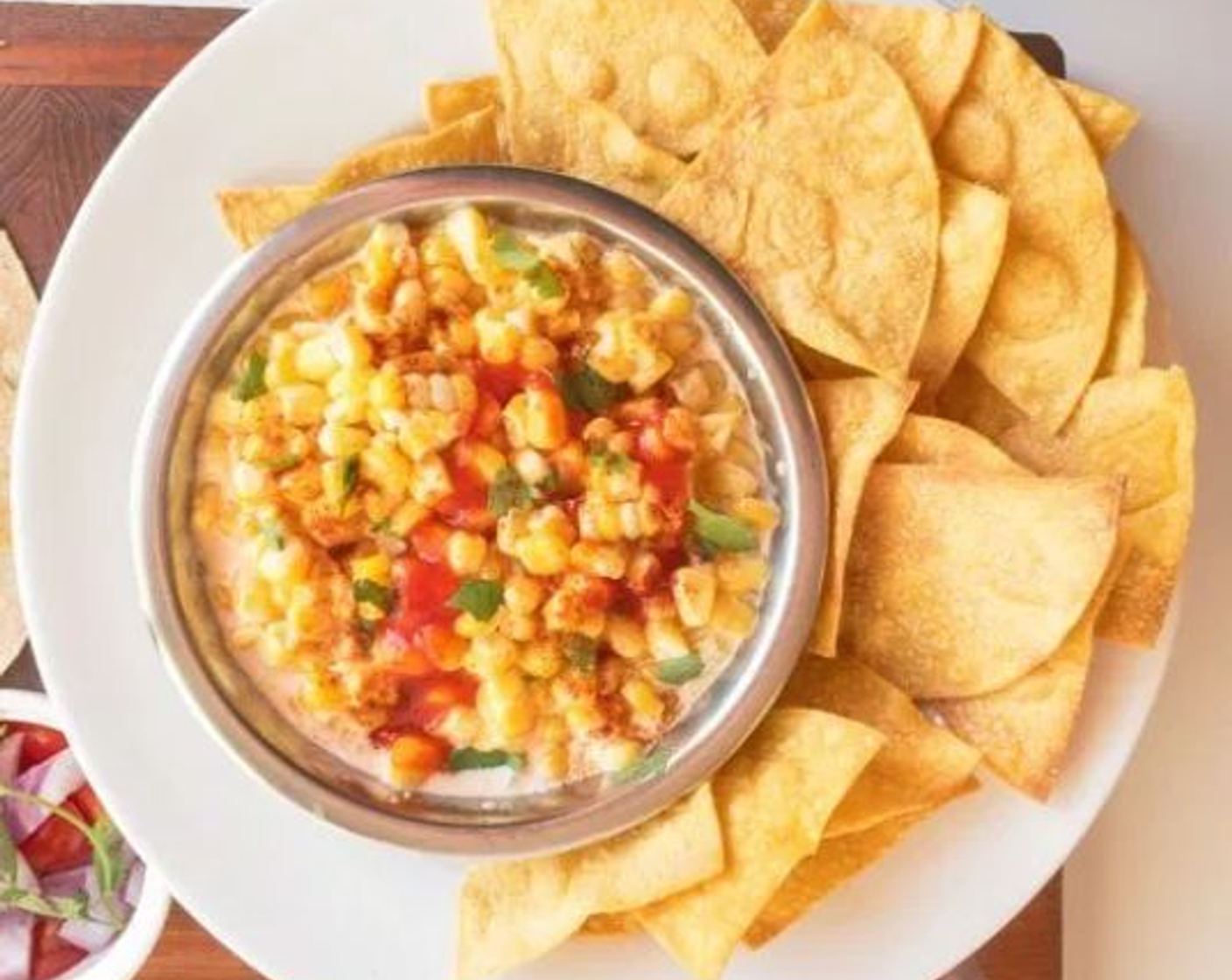 Vegan Sriracha Mexican Street Corn Dip with Home Baked Tortilla Chips