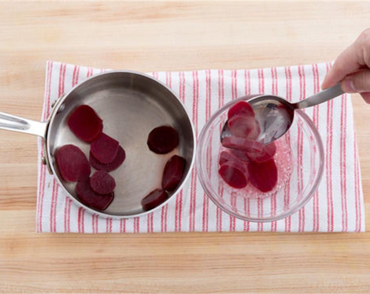 step 3 Add the Baby Beets (1 1/2 cups) to the pot of boiling water. Cook 16 to 18 minutes, or until tender when pierced with a fork. Drain thoroughly and transfer to the shallot-vinegar mixture. Toss to combine and season with Salt (to taste) and Ground Black Pepper (to taste).