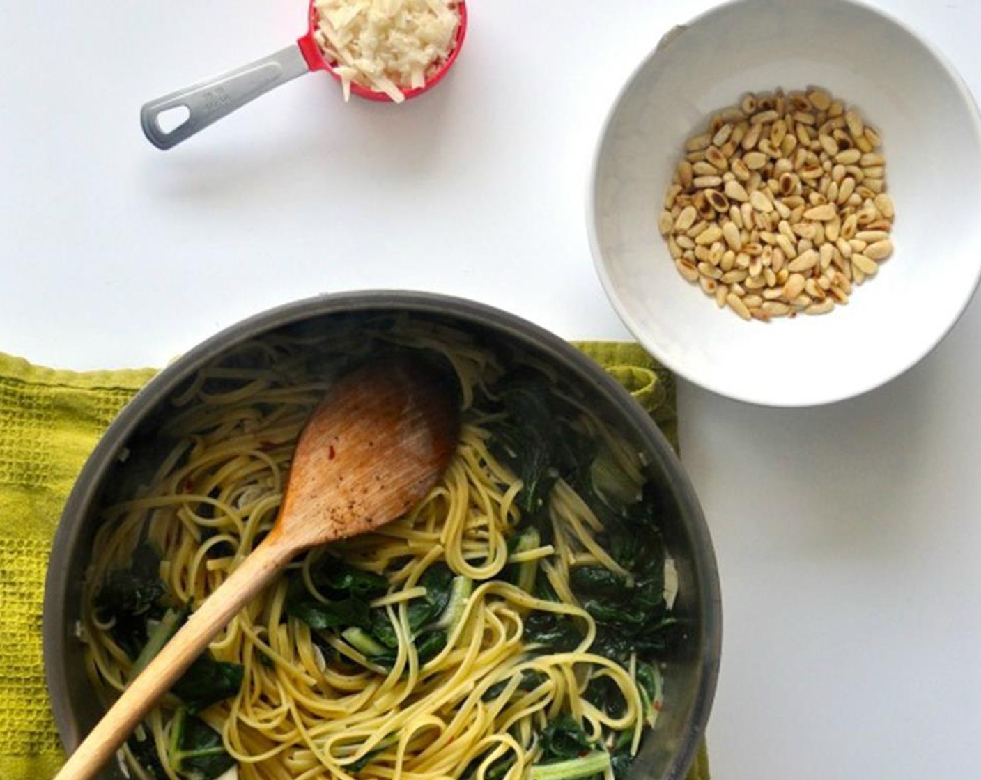 step 4 Once pasta is about two minutes undercooked, drain and reserve 2 cups of the pasta water. Add to pan the undercooked pasta, pasta water, Ground Black Pepper (1 tsp), Kosher Salt (1/2 tsp), and Unsalted Butter (1 Tbsp).