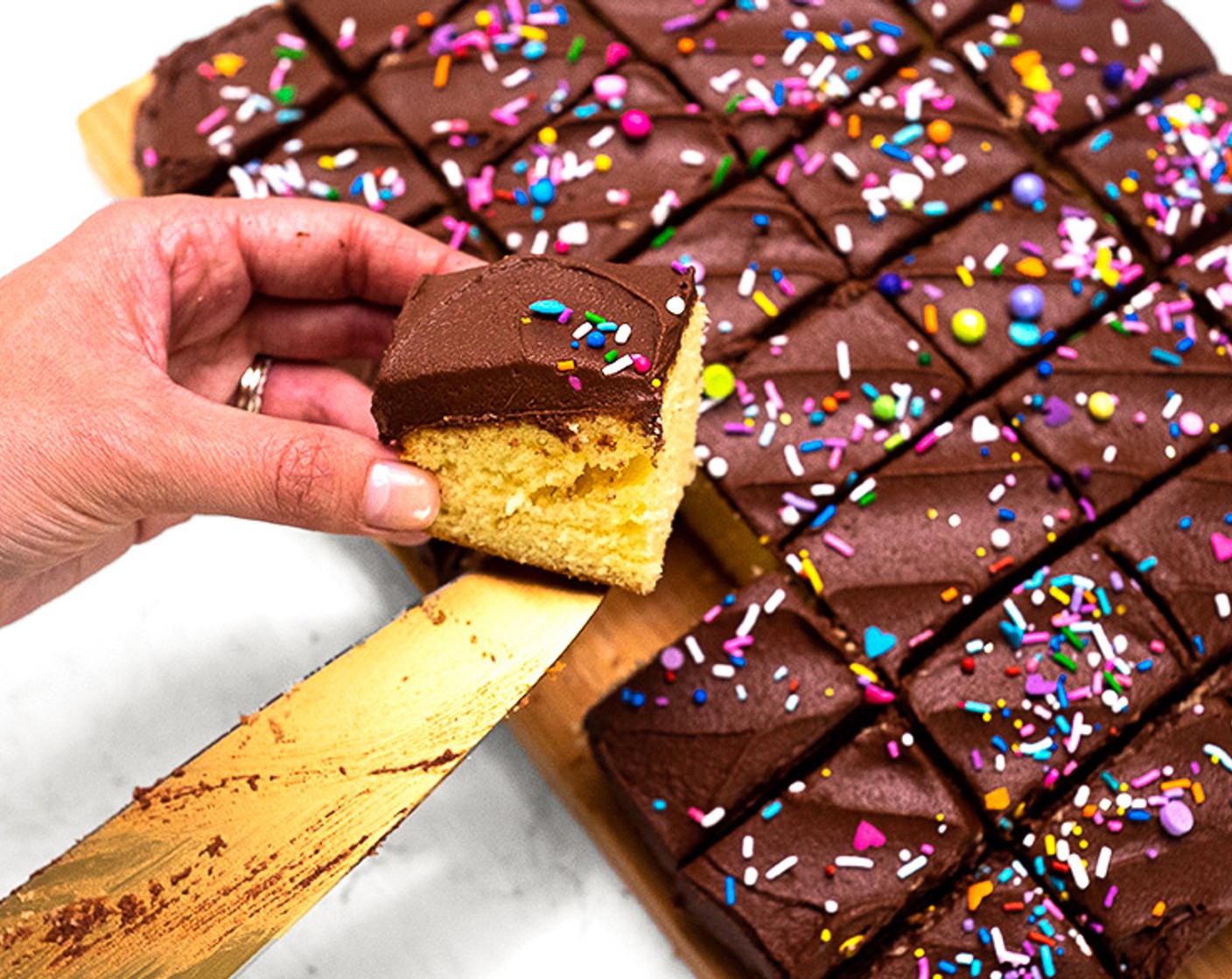 Yellow Sheet Cake with Chocolate Buttercream Swirls