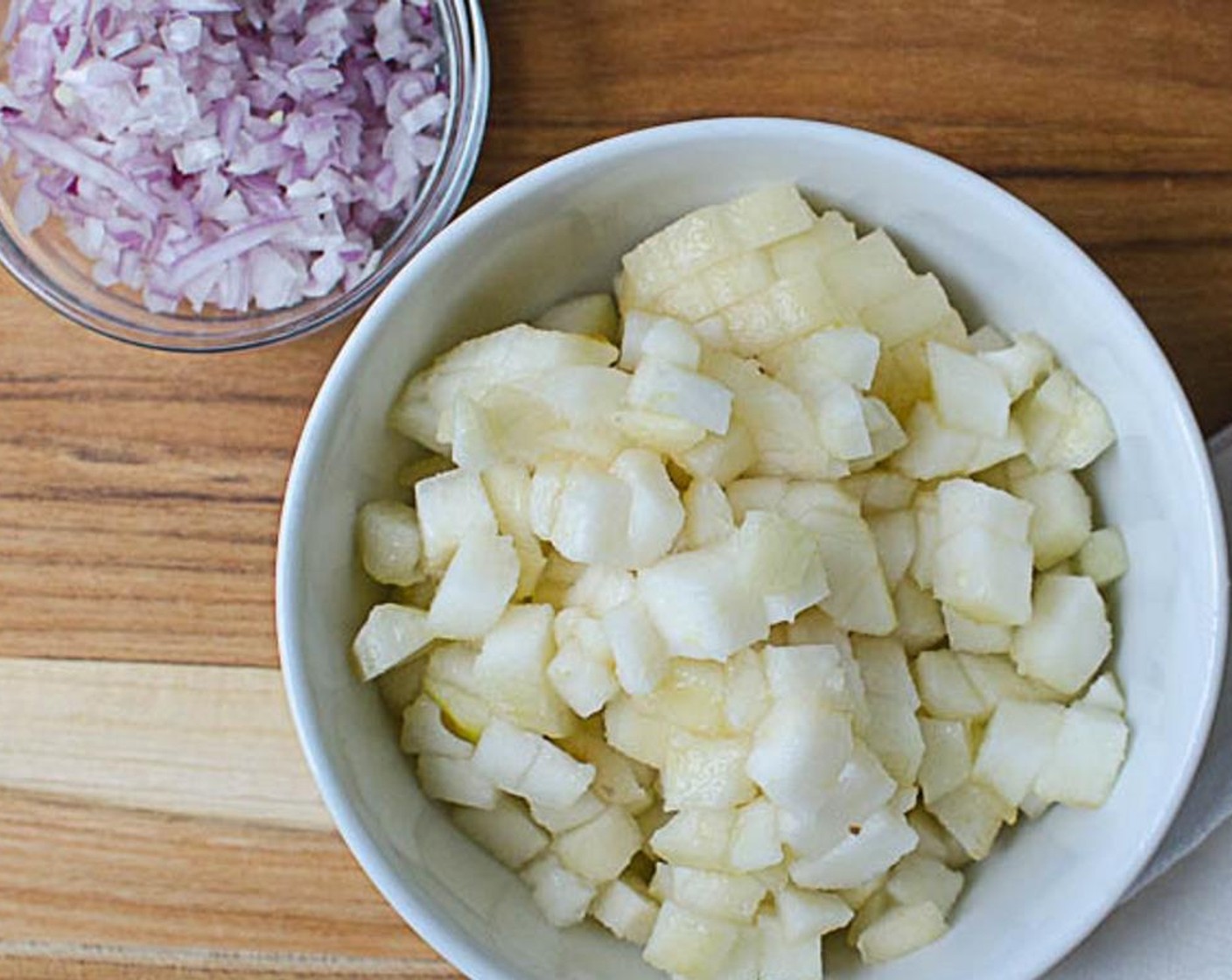 step 2 Dice the Pears (2) and mince the Shallot (1) stirring occasionally until tender, but the pears shouldn't be falling apart.