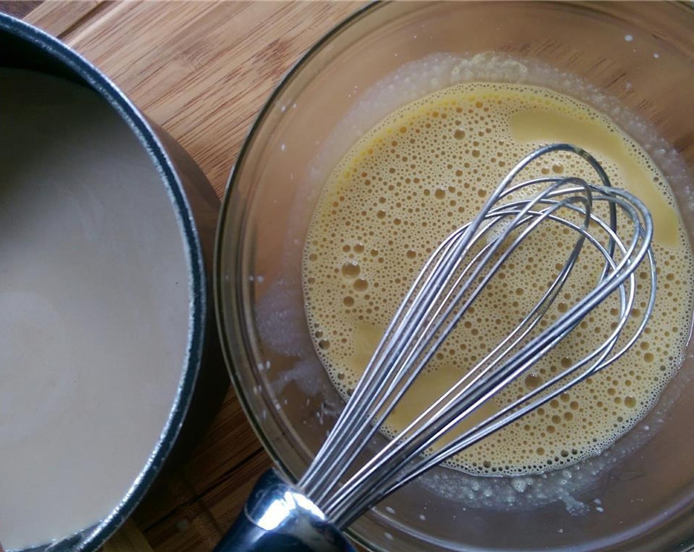 step 5 Temper the eggs by pouring about a 1/4 cup of the syrup and cream mixture into yolks while whisking. Continue adding a little syrup and cream mixture until eggs are at temp. Pour egg mixture back into pot and stir over medium heat until a thermometer reaches 170 degrees F.