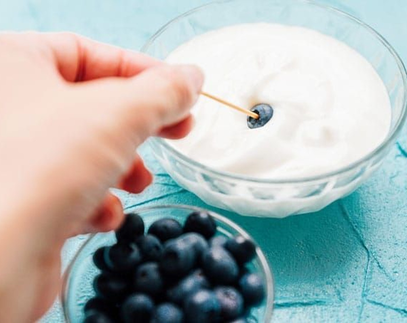 step 2 Place each of the Fresh Blueberry (1 cup) on a toothpick and dip in Yogurt (1/2 cup). Place single-layered on a parchment or wax paper-lined cookie sheet.