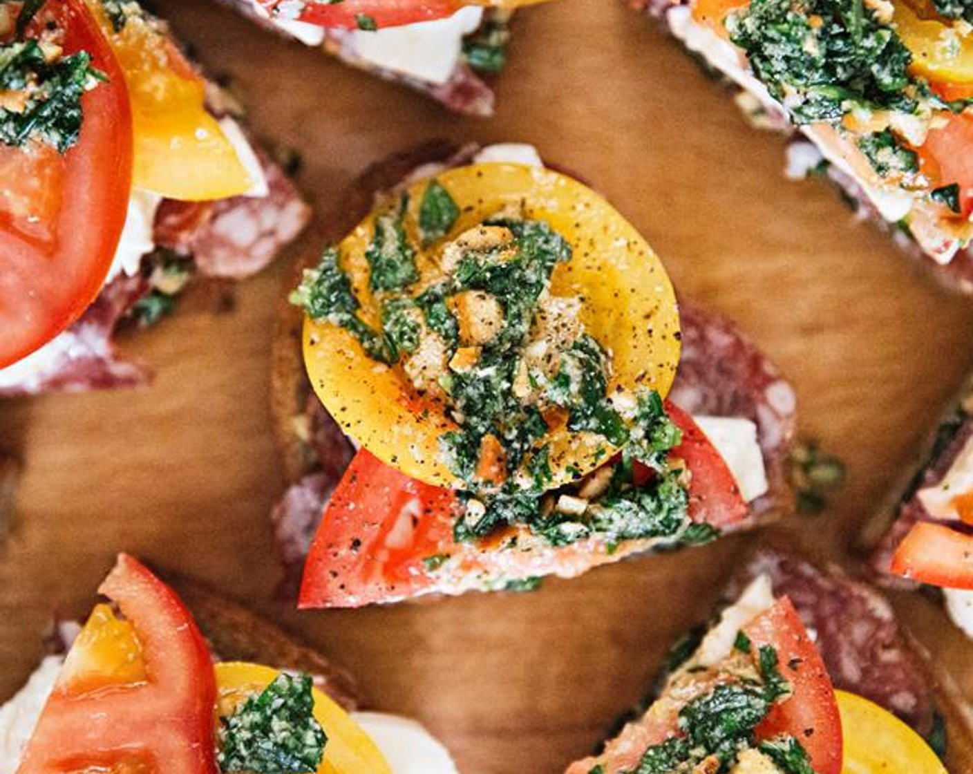 Toscano, Heirloom Tomato and Pesto Bruschetta