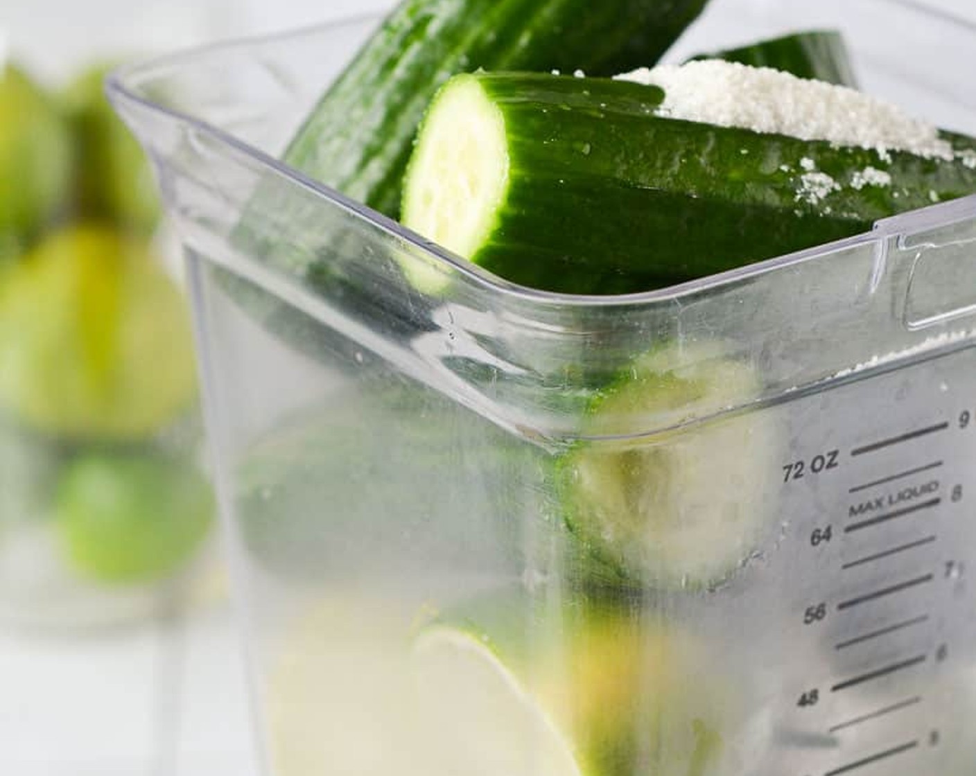 step 2 Add the cucumbers, limes, Fresh Mint (1/3 cup), and Granulated Sugar (1/3 cup) into the blender. Keep the skins of the cucumbers and limes on. Pour the Water (4 cups) over. If water doesn’t fit in your blender, pour as much as fits.
