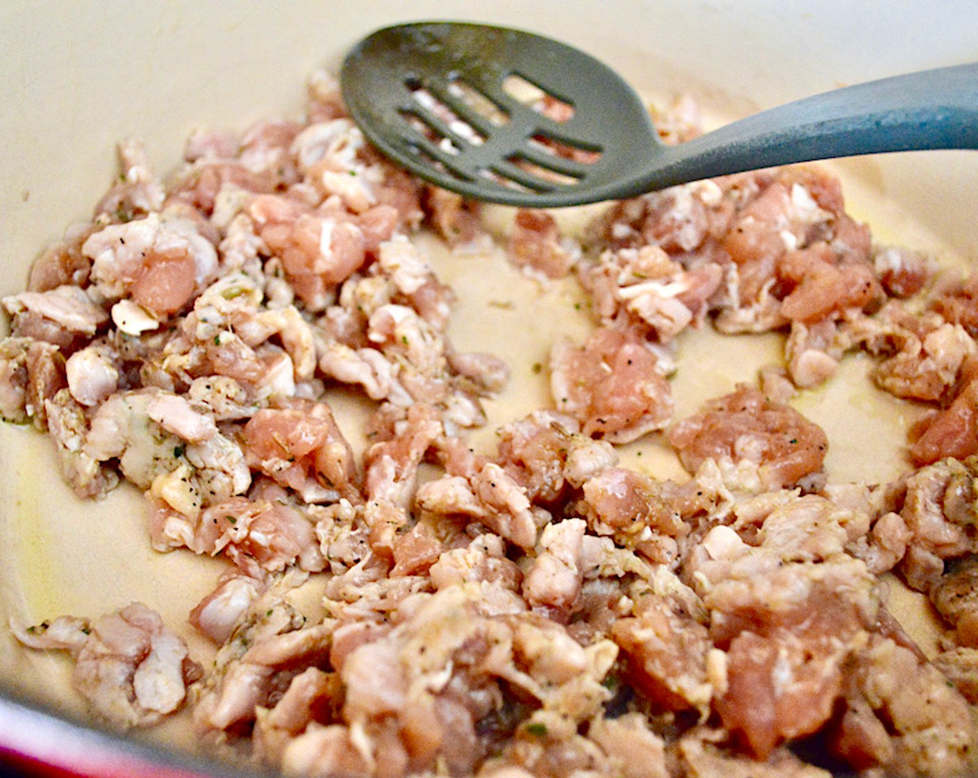 step 1 Get out a large pot and heat the Olive Oil (1 dash) over medium-high heat. Add the Chicken Sausage (1 lb), and brown it as you break it up with a spoon. Once it is completely browned, remove it to a plate.