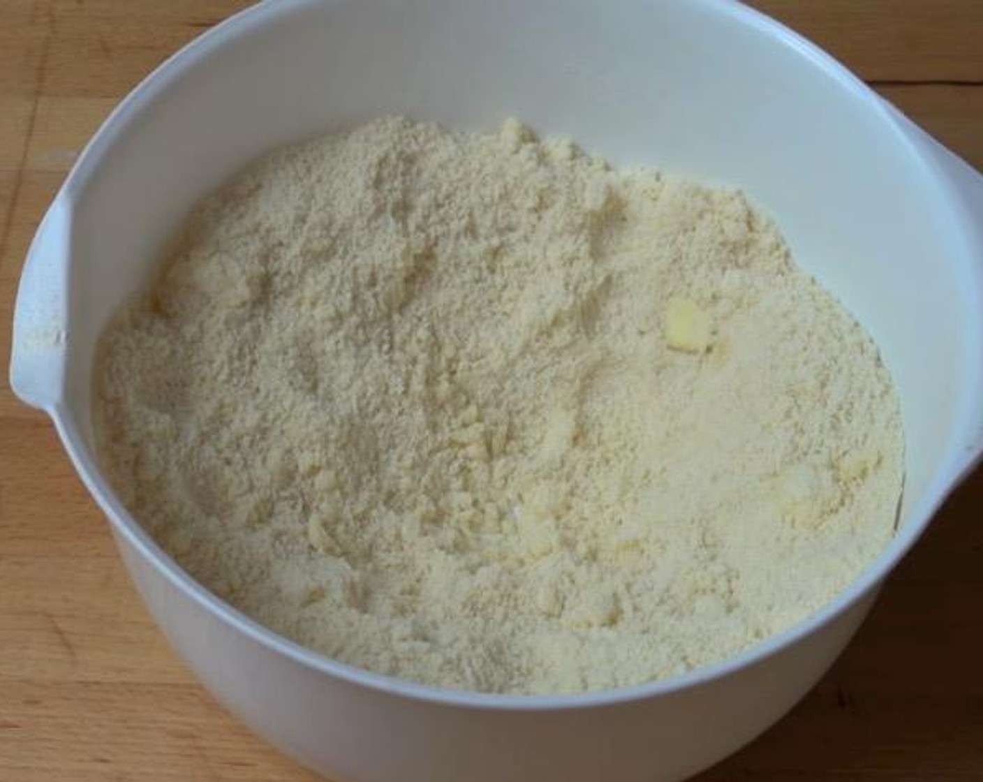 step 2 Add Butter (1/3 cup). Using your fingers, rub the butter and flour mixture together until it has the texture of breadcrumbs.