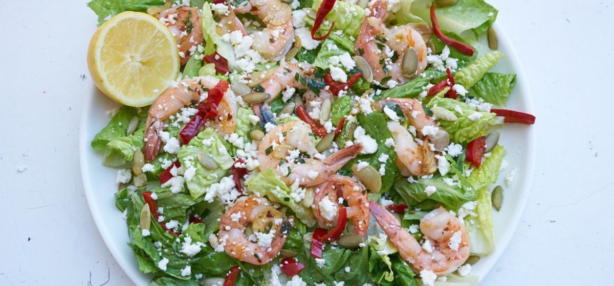 Shrimp Salad with Romaine, Peppers, and Lemon-Garlic Dressing Recipe | SideChef