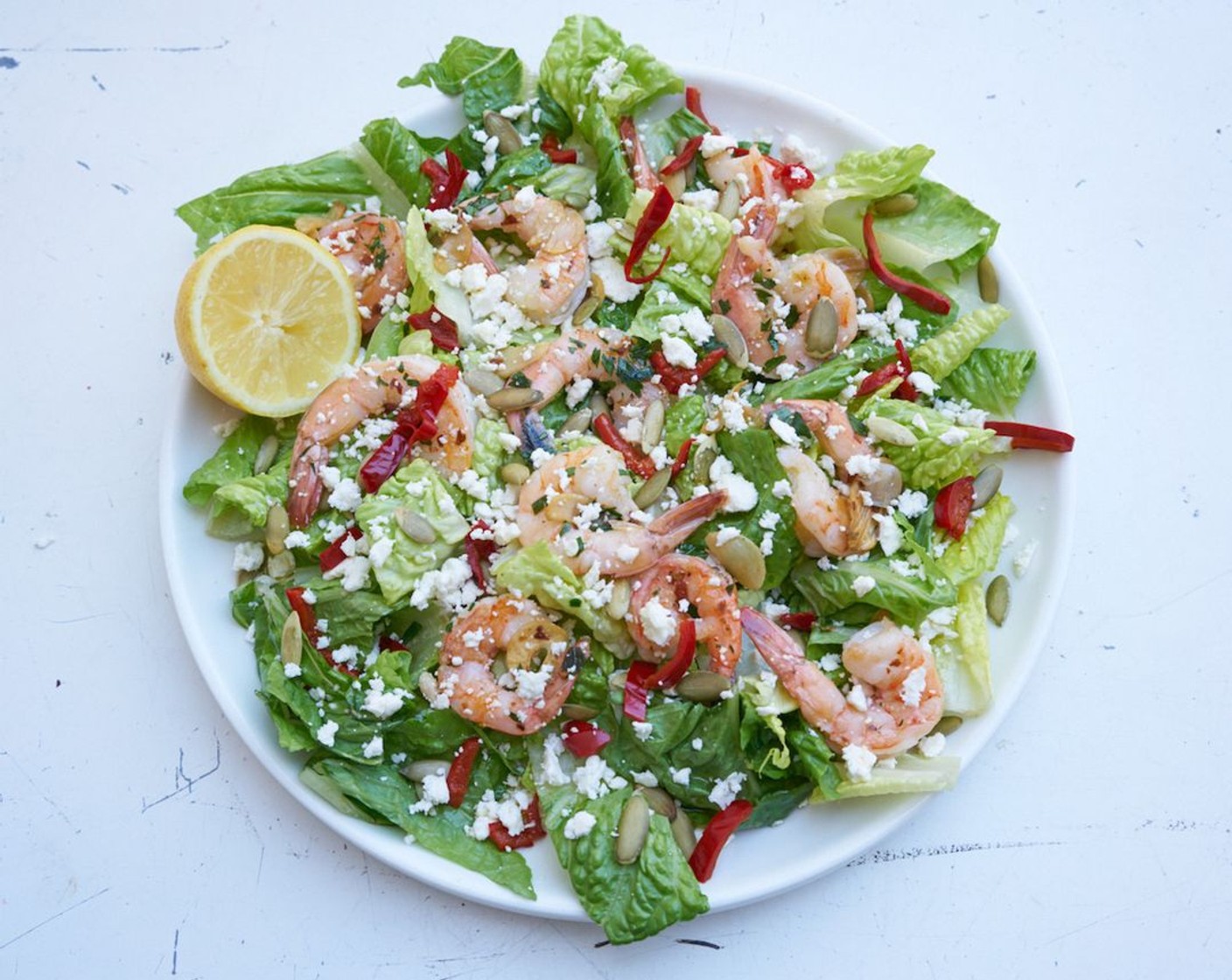 Shrimp Salad with Romaine, Peppers, and Lemon-Garlic Dressing