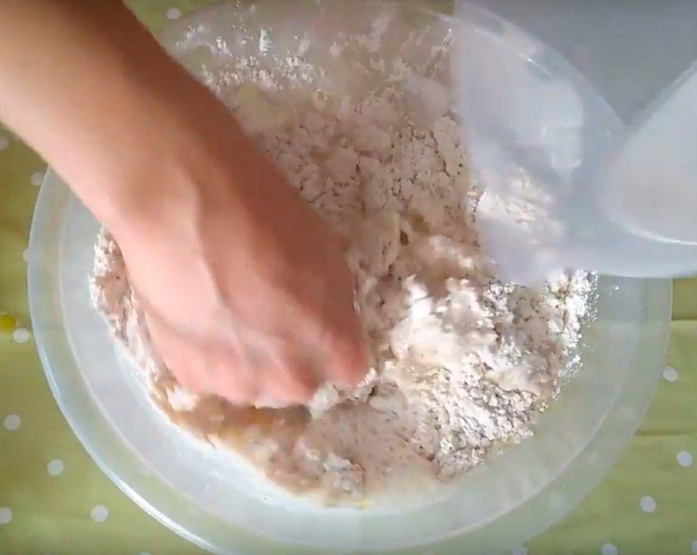 step 6 In a bowl add All-Purpose Flour (3 2/3 cups), Brown Sugar (1 Tbsp), Instant Dry Yeast (1/2 Tbsp), Oil (1 Tbsp), and Salt (1 Tbsp), then add Water (1 1/4 cups) in slowly and knead with your hands.