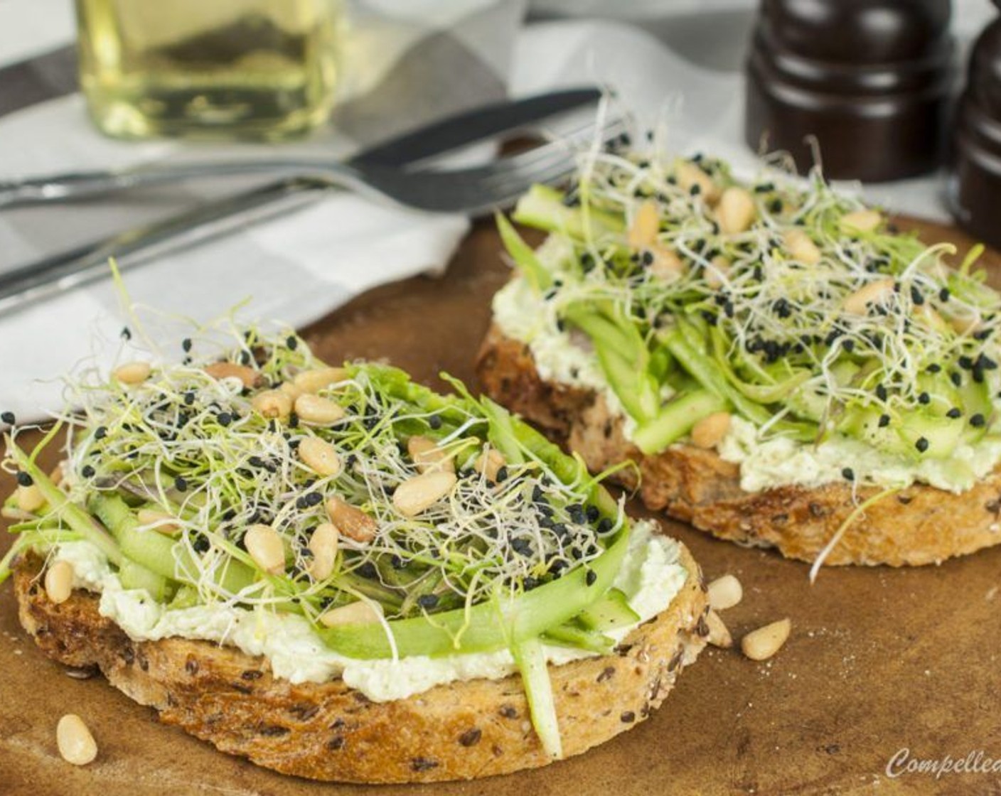 step 8 For each piece of bread, spread with a generous 2 tbsp of cheese spread, top with 1/4 cup of asparagus, top with Alfalfa Sprouts (to taste) and Pine Nuts (1/4 cup). Add Freshly Ground Black Pepper (to taste) if desired and serve immediately, enjoy!
