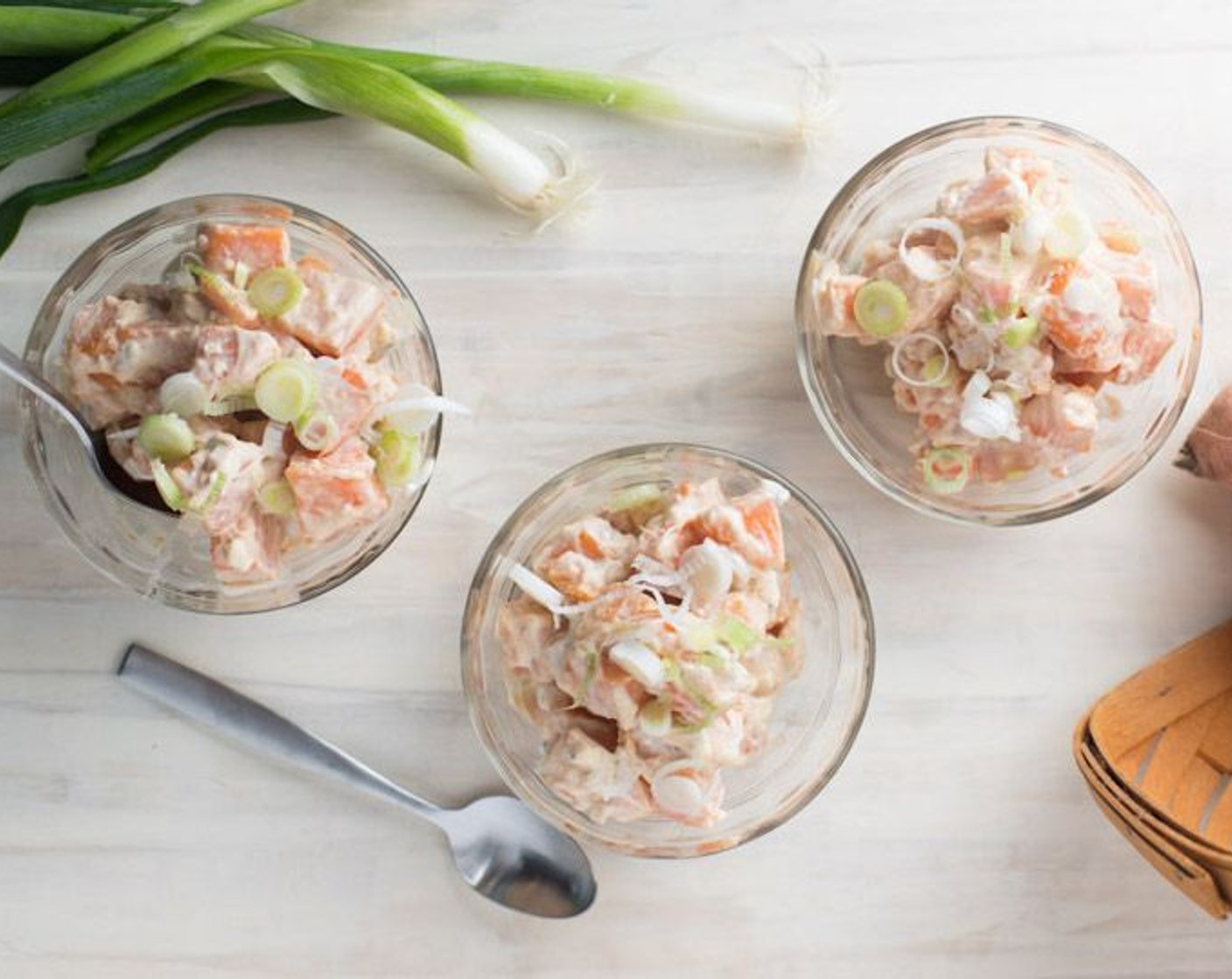 step 5 When ready to serve (even if it's the next day), mix with the potatoes the Mayonnaise (4 Tbsp), Sour Cream (1 Tbsp) and Blue Cheese (2 Tbsp). Top with the Scallion (1 bunch).