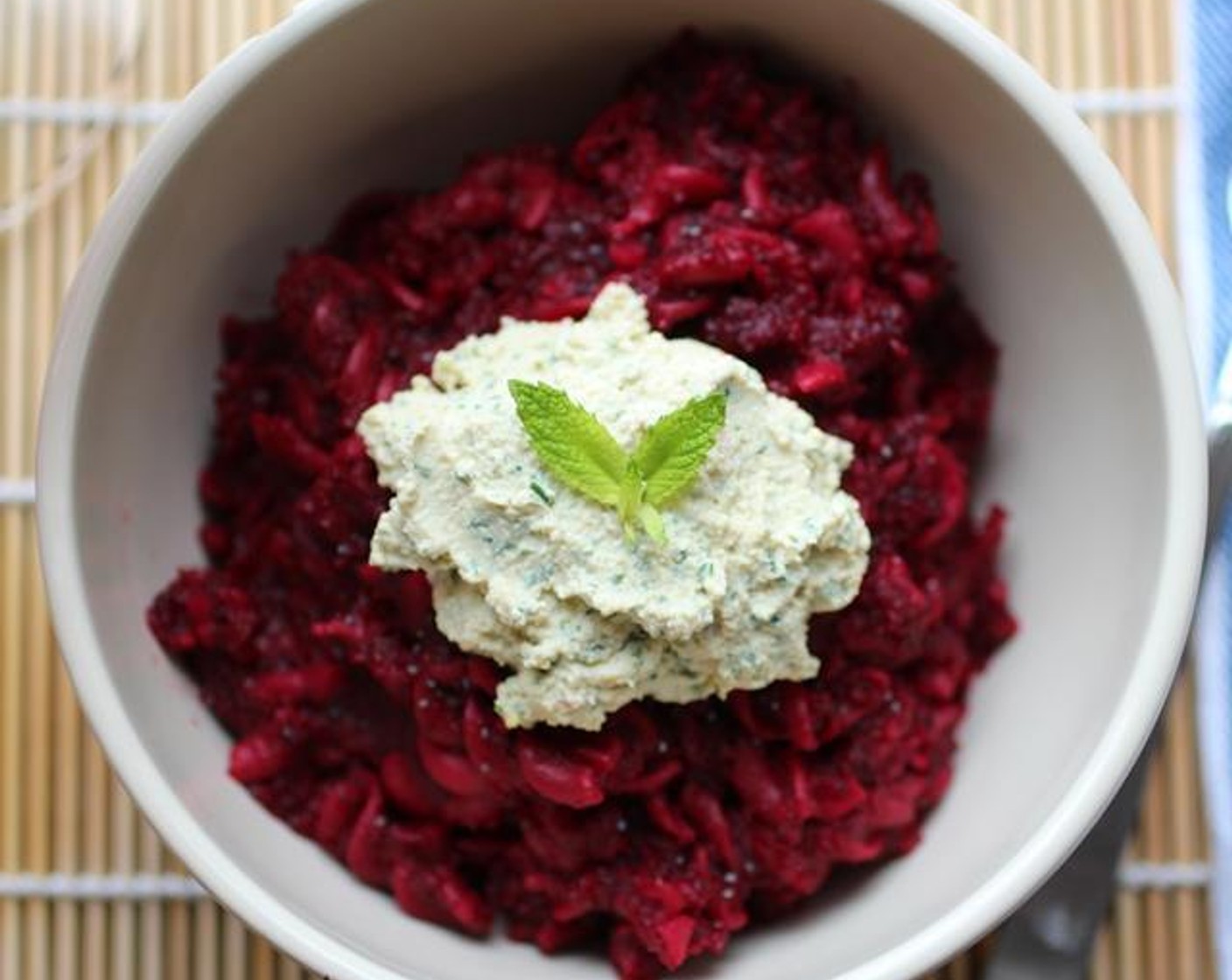 Springtime Poppy Seed Beet Pasta with Mint Ricotta