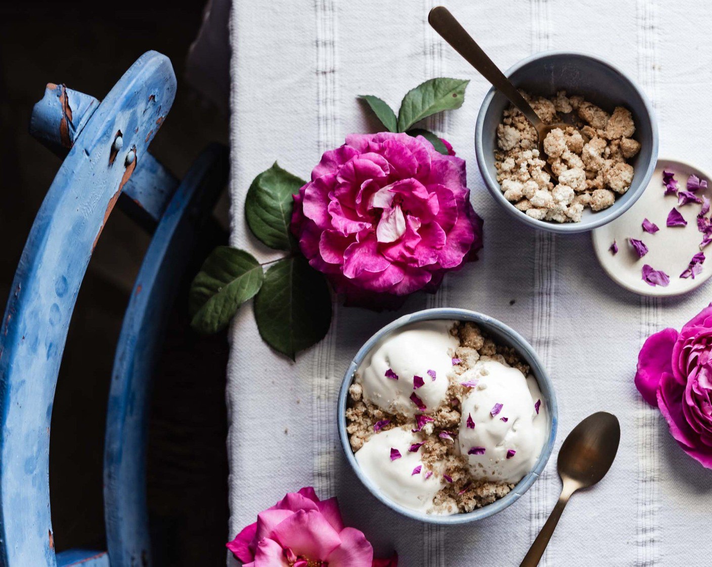 step 10 Spread on a baking sheet lined with parchment paper and bake for 8-10 minutes. Let crumbles cool, then serve with ice cream. Garnish with dried rose petals if desired. Enjoy!