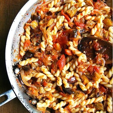 Chez Panisse Eggplant, Caramelized Onion and Tomato Pasta Recipe | SideChef