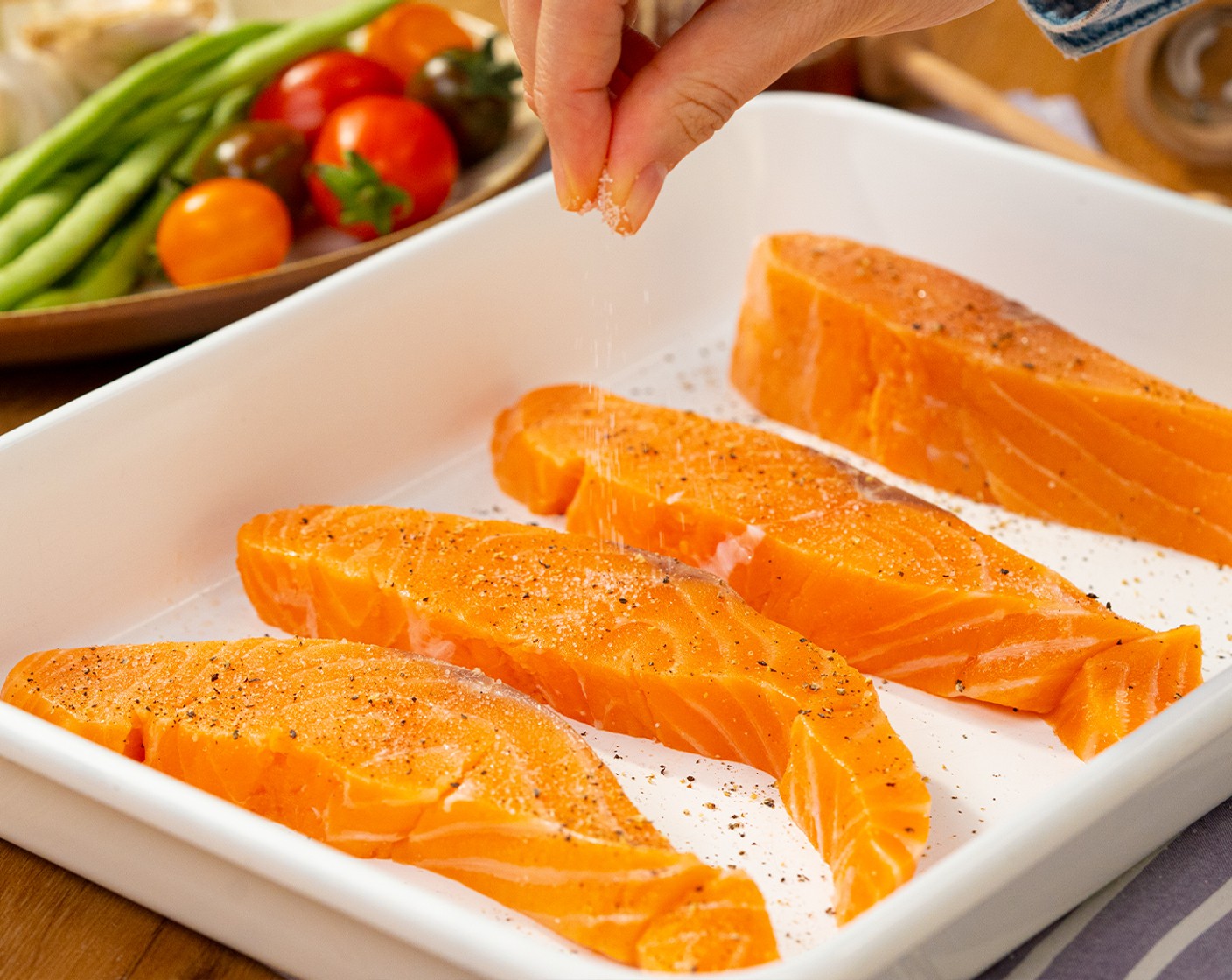 step 2 Season Skinless Salmon Fillets (4) with Salt (1/2 tsp) and Ground Black Pepper (1/8 tsp). Set aside.