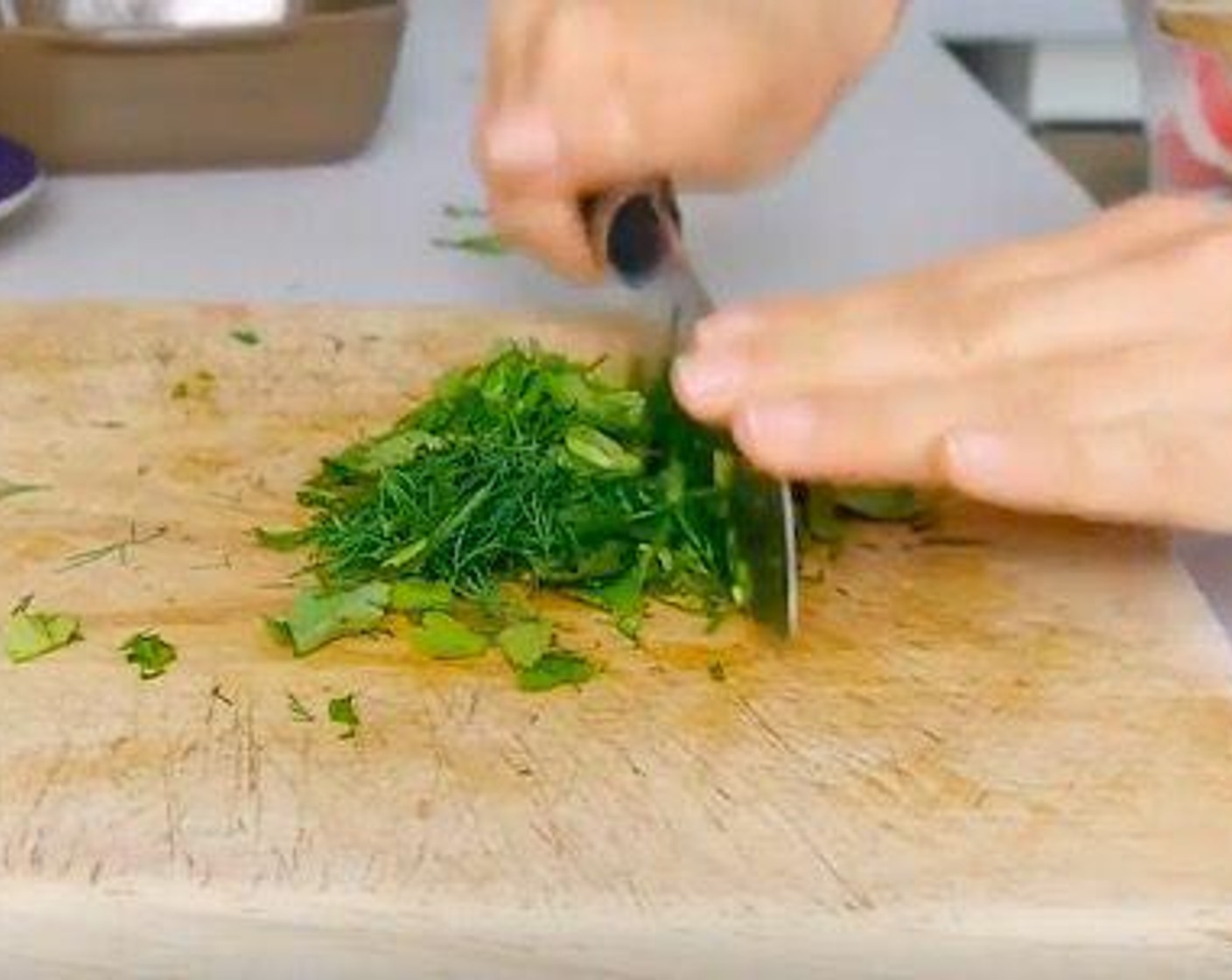 step 5 While the plantain is cooling down chop Fresh Cilantro (1 handful) and Dried Dill Weed (1 handful). Add it to the tuna with the juice of Lemon (1).