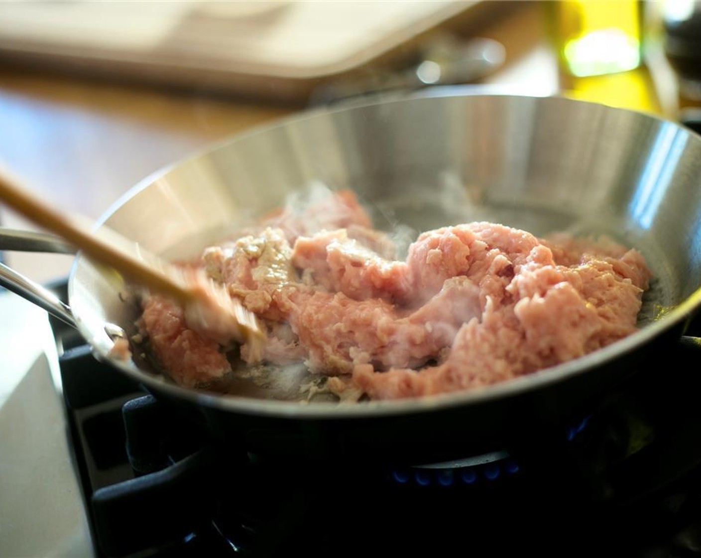 step 2 Heat a medium sauté pan over medium heat. Add Extra-Virgin Olive Oil (1 tsp) and Ground Chicken (12 oz).