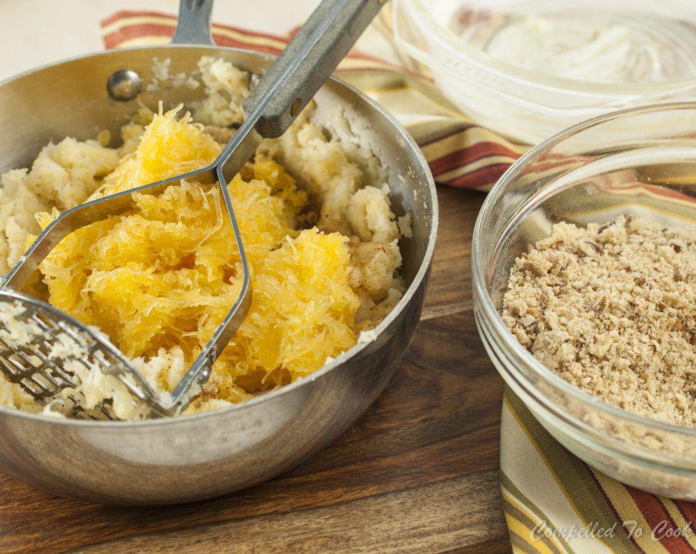 step 5 Add grated pumpkin to mashed parsnips along Unsalted Butter (3 Tbsp), Brown Sugar (3 Tbsp), Ground Nutmeg (1 pinch), Simply Organic Cinnamon, Ground (1 pinch), Ground Ginger (1 pinch), and Salt (1 pinch).