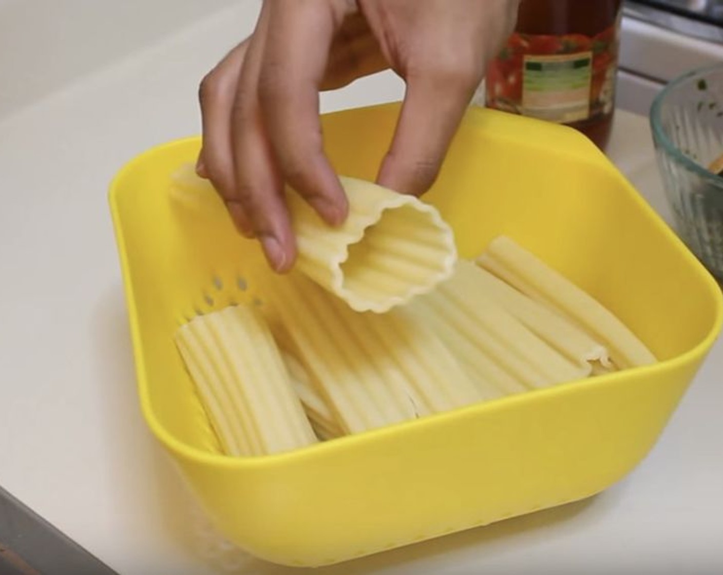 step 4 Cook the Manicotti Noodles (1 pckg) for 7 minutes in boiling water and drain.