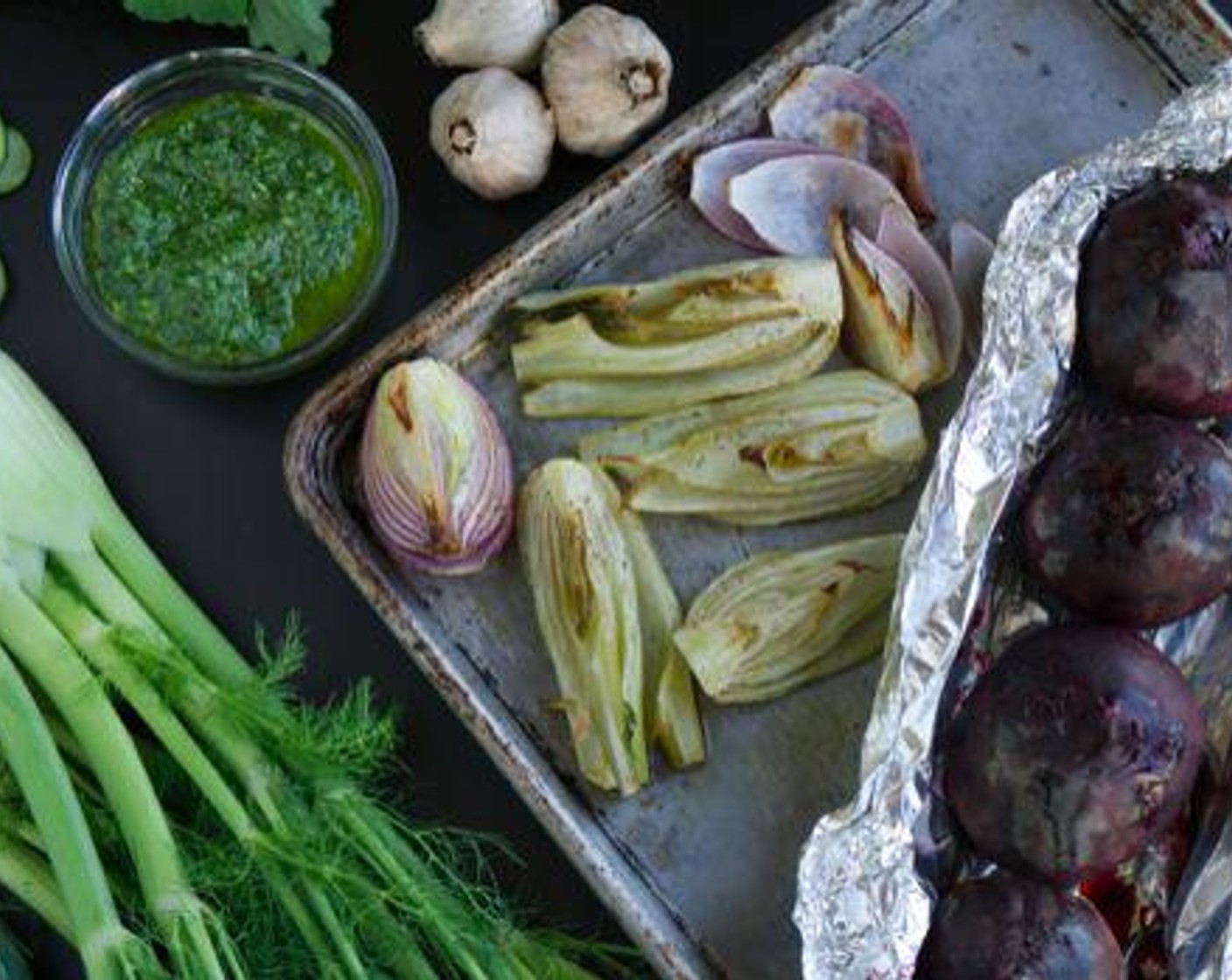 step 3 With your beets in the oven, add your Fennel Bulbs (2), and Red Onion (1) to a sheet pan or baking dish. Drizzle with Olive Oil (to taste) and season with Salt (to taste) and Ground Black Pepper (to taste). Add them to the oven. Cook 20-25 minutes. Allow to cool.