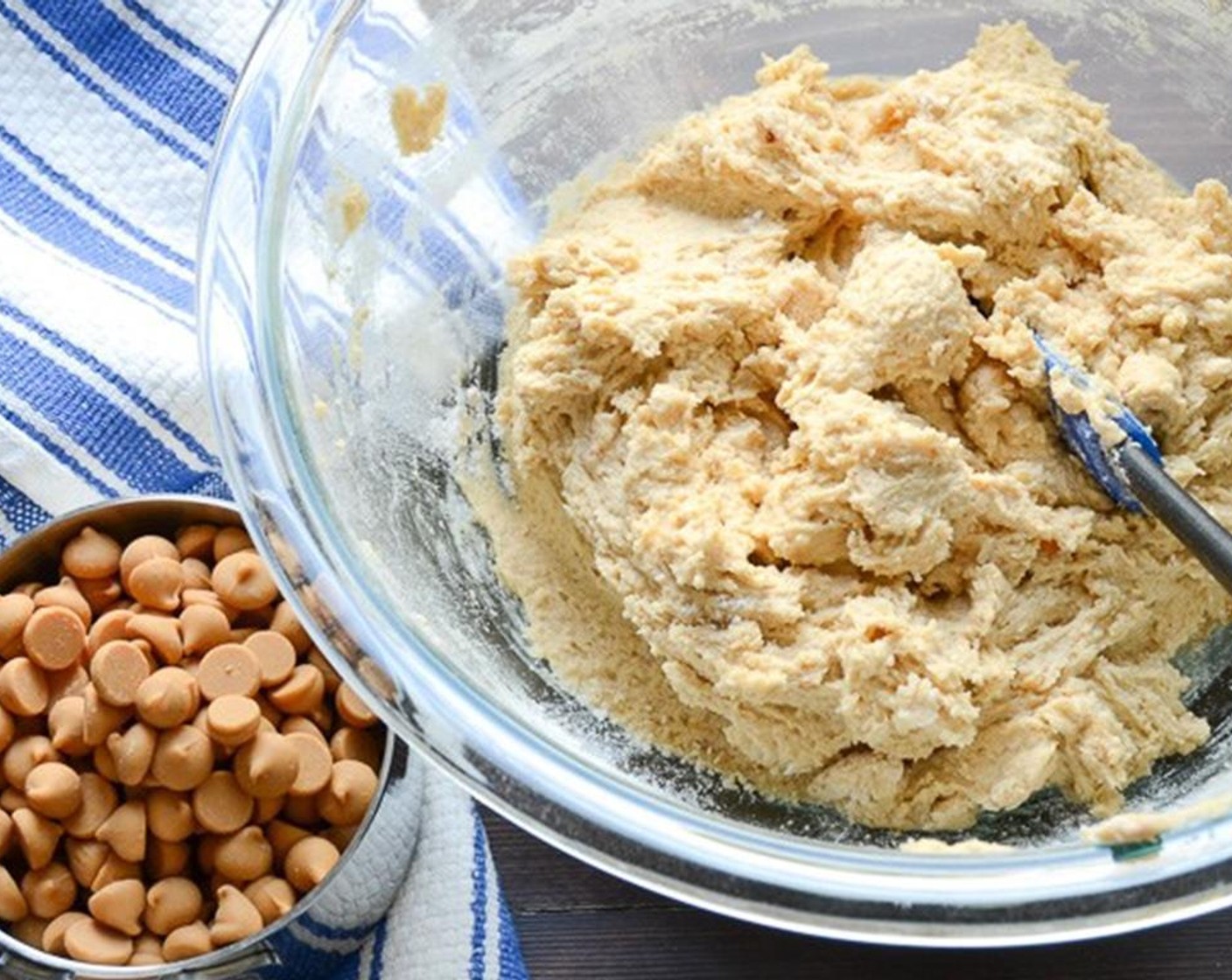 step 4 Sift the All-Purpose Flour (1 1/2 cups), Baking Soda (1 tsp), and Salt (1/2 tsp) together. Add the Peanut Butter Chips (1 cup) to the butter mixture, slowly, until just combined and being sure not to overwork the dough.