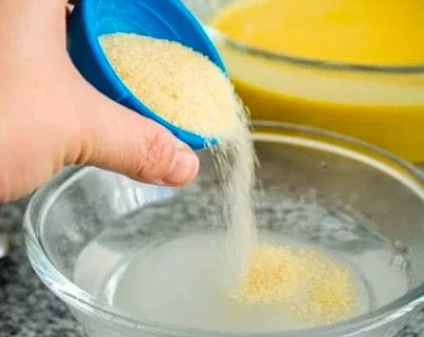 step 3 In a separate bowl, combine Hot Water (3/4 cup), Granulated Sugar (1/2 cup), and Gelatin Powder (2 Tbsp). Stir, then let the mixture sit for a few minutes for the gelatin to dissolve.