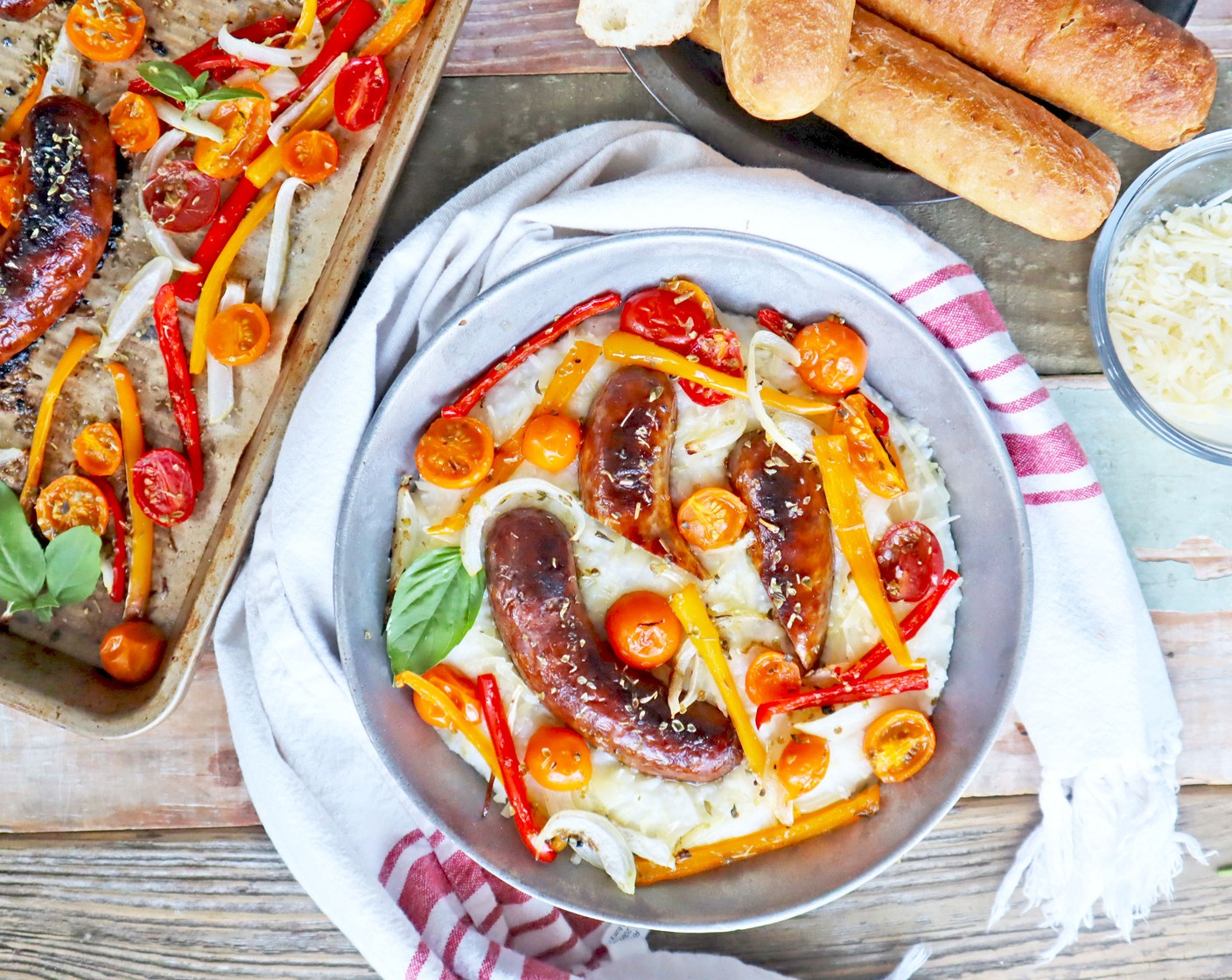 Sheet Pan Italian Sausage with Onions and Peppers Over Polenta