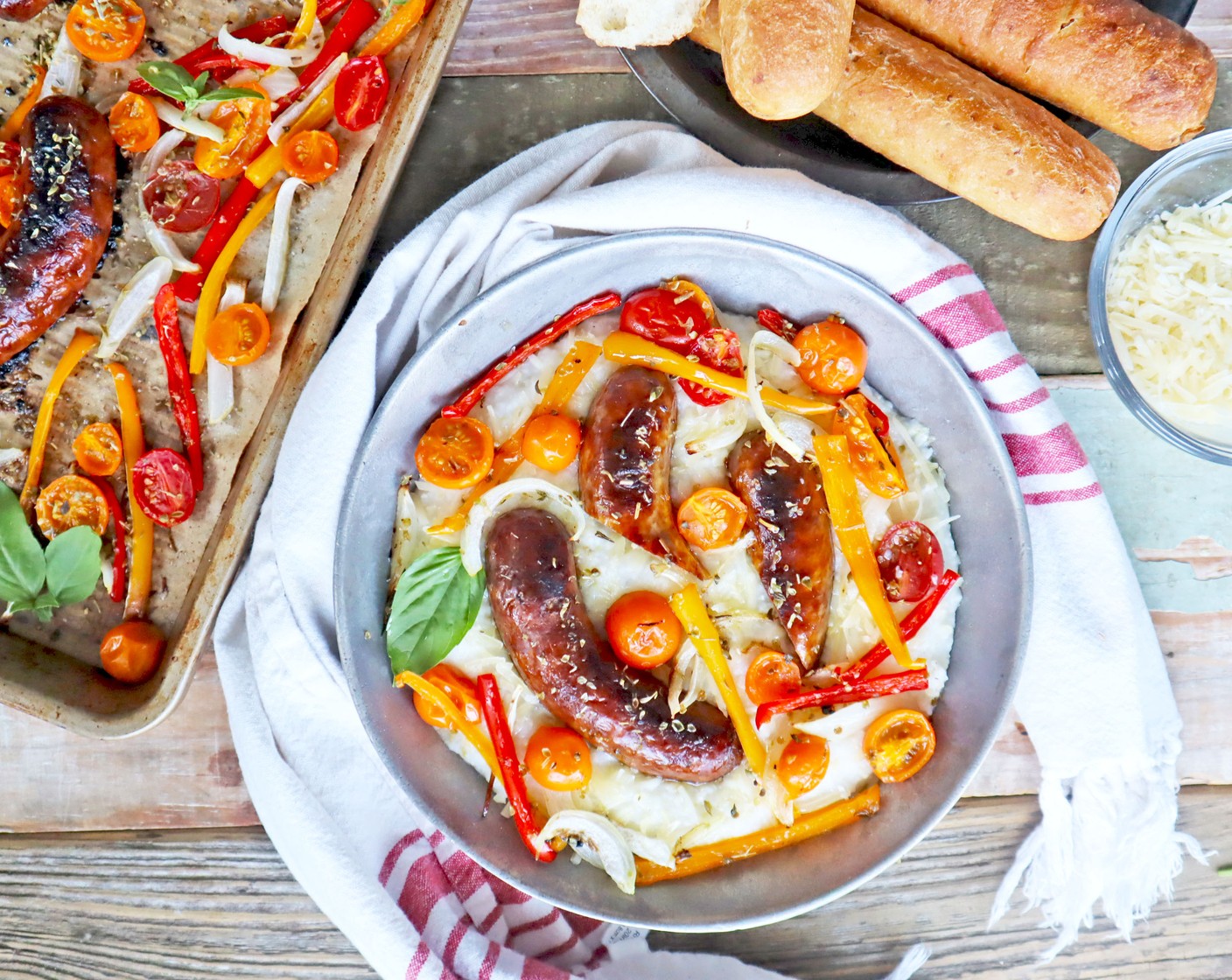 Sheet Pan Italian Sausage with Onions and Peppers Over Polenta