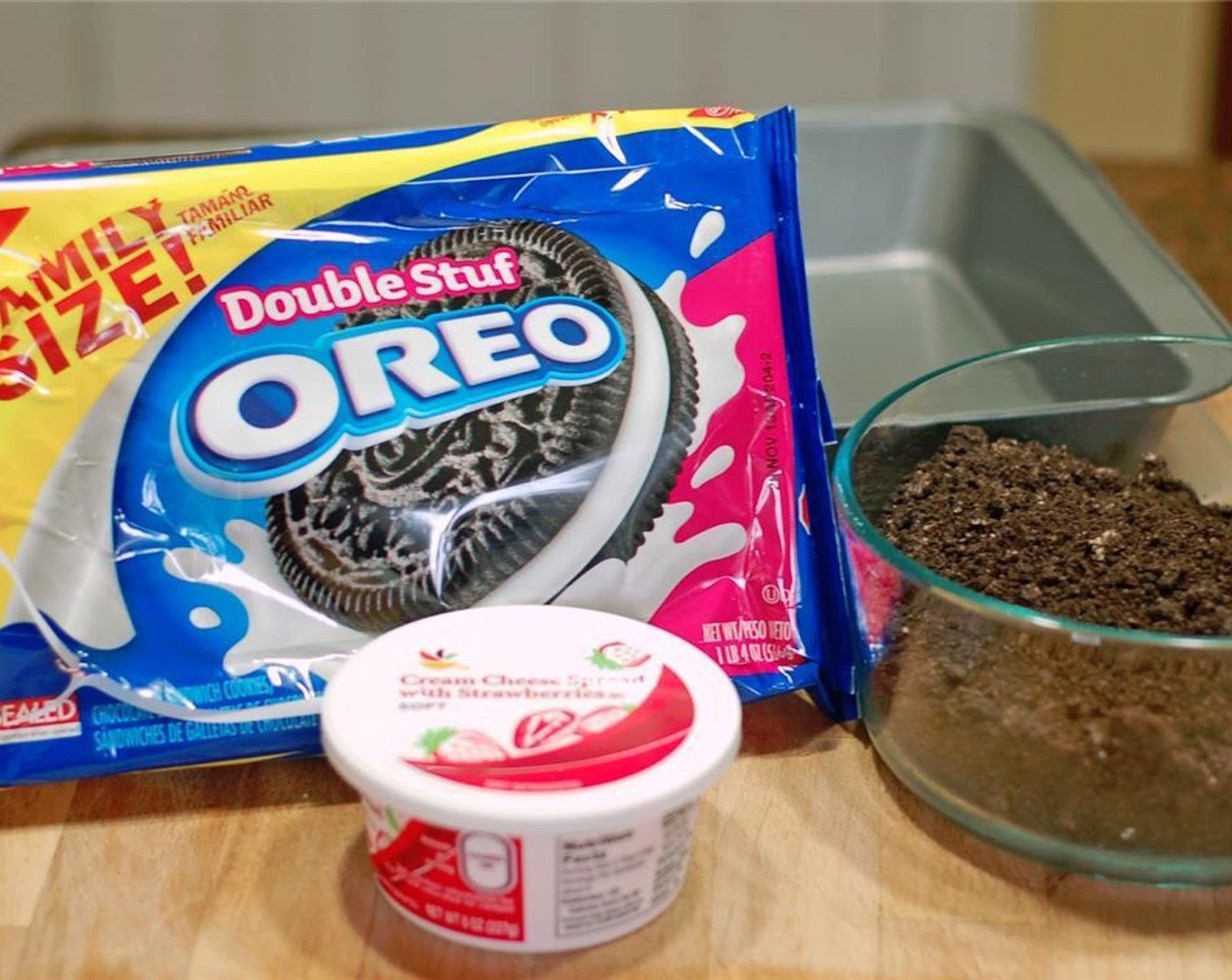 step 1 Crush the Oreo® Double Stuff Chocolate Sandwich Cookies (1 pckg) in a food processor until they are a dirt like consistency.