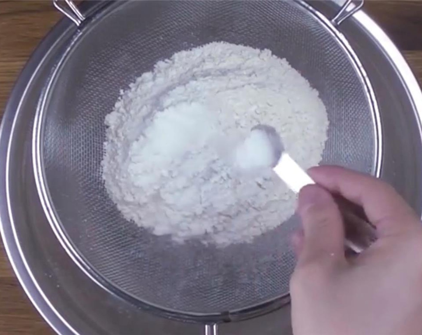 step 1 Sift All-Purpose Flour (1 cup), Baking Powder (1/2 Tbsp), and Sea Salt (1/4 tsp) into a large mixing bowl. Mix well with a wooden spoon.
