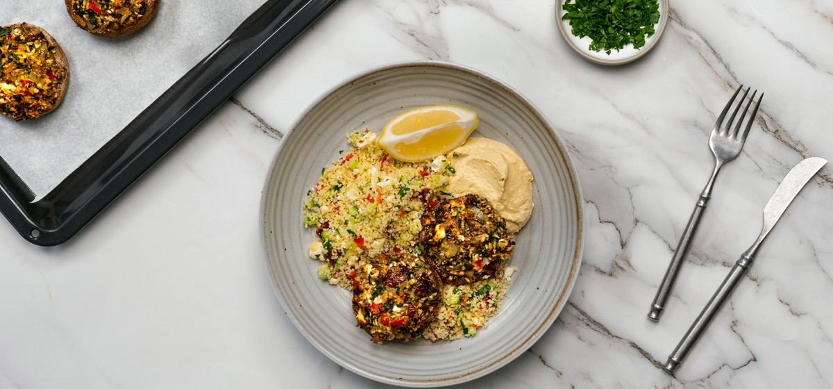 Mediterranean Stuffed Mushroom with Hummus & Couscous Salad