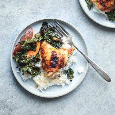 Red Curry Sheet Pan Chicken with Sweet Potatoes and Crispy Kale Recipe | SideChef