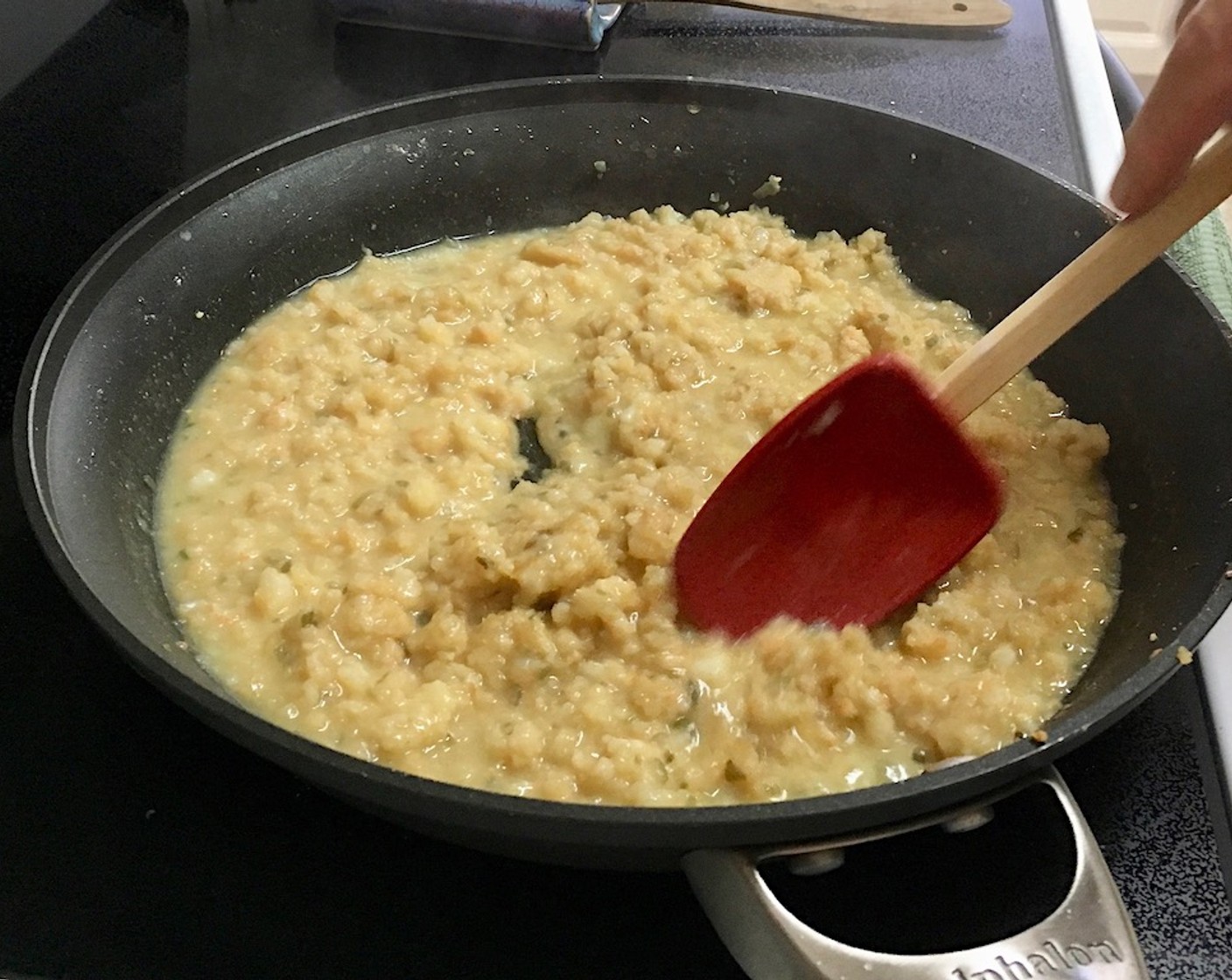 step 11 Add Chicken Stock (1/2 cup) and continue cooking for about 2 minutes while stirring.