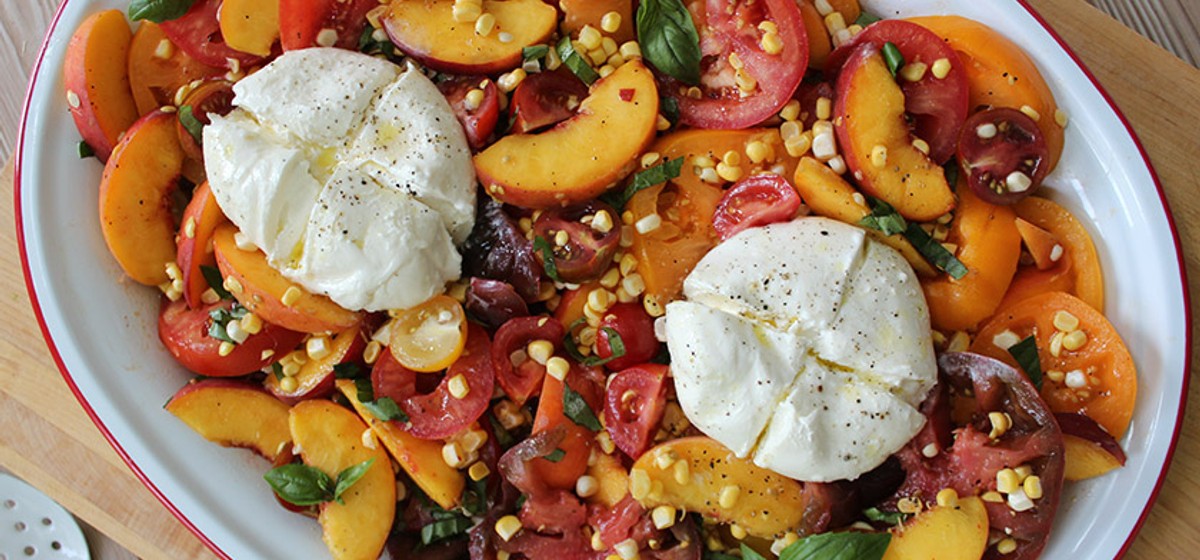 Tomatoes, Peaches, and Corn with Burrata Recipe | SideChef