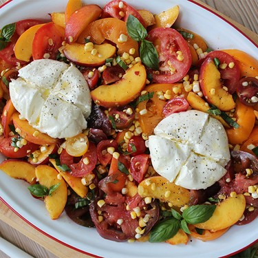 Tomatoes, Peaches, and Corn with Burrata Recipe | SideChef