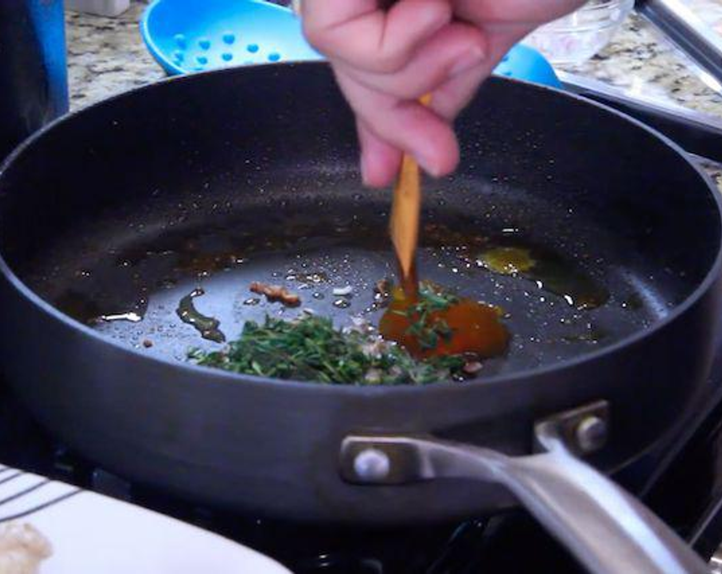 step 6 Lower heat under the same pan to medium and add shallot, Fresh Thyme (to taste), and a drizzle of Olive Oil (as needed). Cook, tossing until softened, 2-3 minutes. Stir in Apricot Jam (to taste) and Balsamic Vinegar (1 Tbsp). Simmer until syrupy, about 1 minute. Stir in Water (1 Tbsp) and Chicken Broth Concentrate (1 Tbsp). Simmer until thickened, about 3 minutes. Remove pan from heat, add Butter (1 Tbsp) and stir to melt.