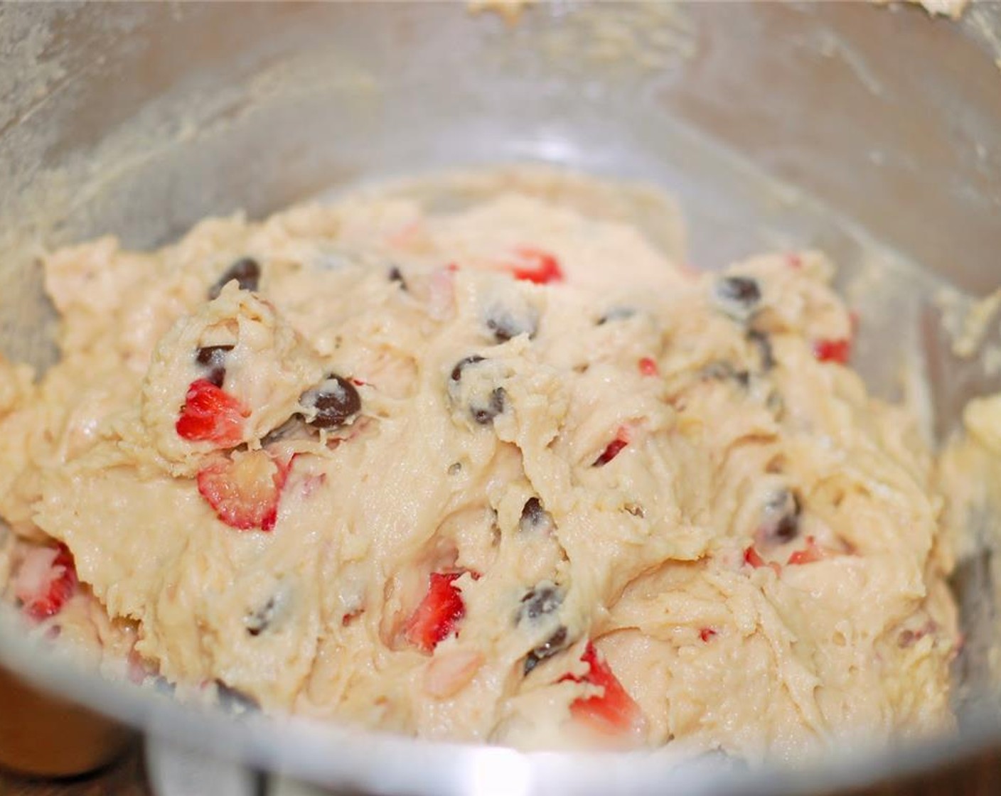 step 6 Add Semi-Sweet Chocolate Chips (1/2 cup) and strawberries and mix until all incorporated.
