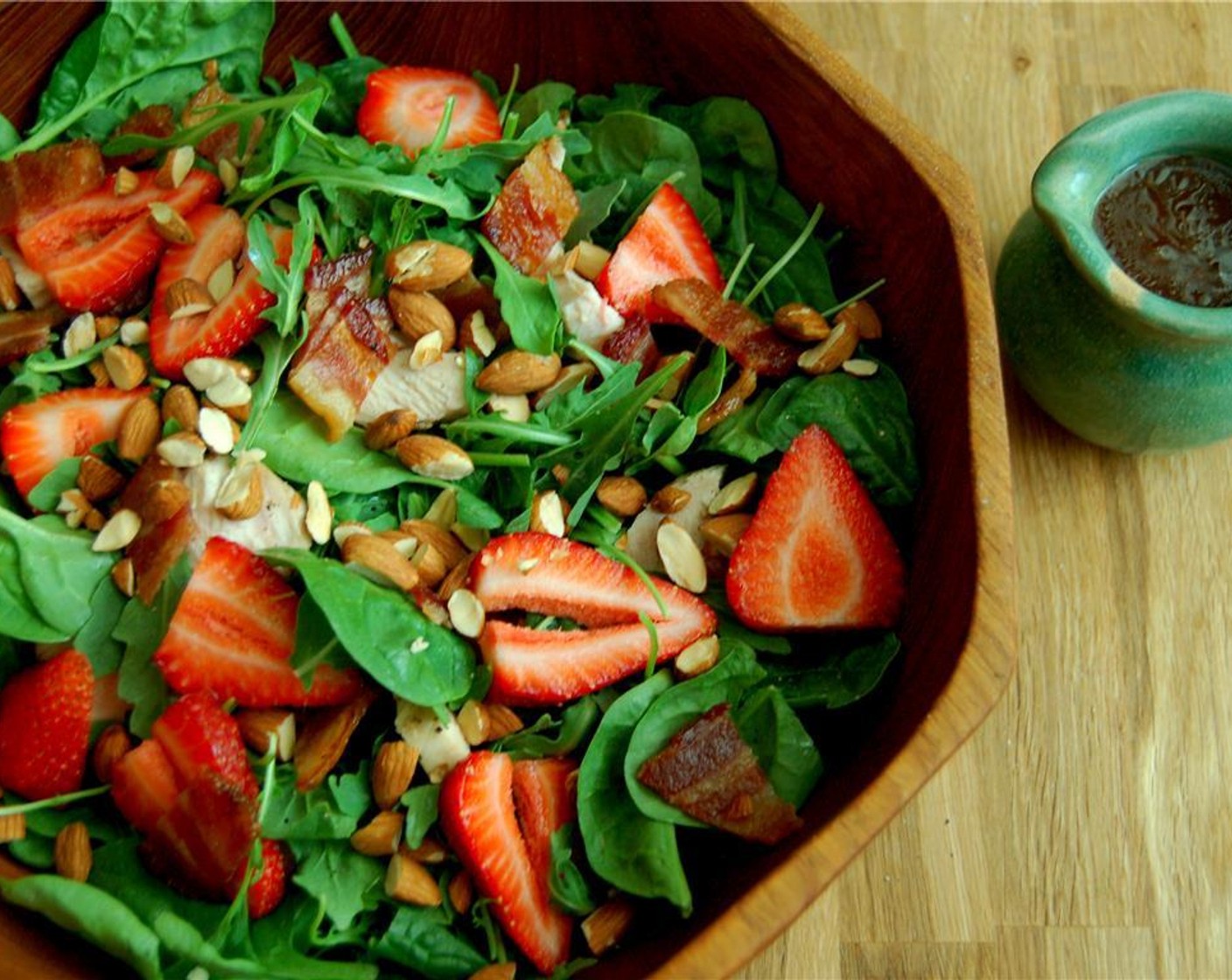 step 5 Mix together the Fresh Baby Spinach (2 cups), Arugula (2 cups), Fresh Strawberries (2 cups), chicken, bacon and Almonds (1/2 cup).