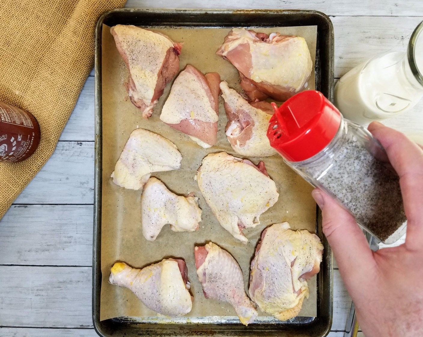 step 1 Start by seasoning the Chicken (8 pieces) all over with Salt (to taste) and Ground Black Pepper (to taste). Set these aside in the fridge for at least 30 minutes.